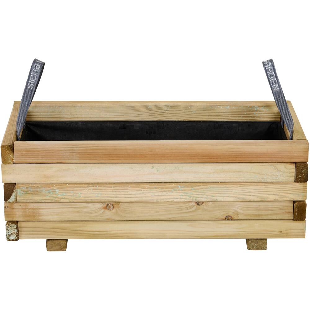 Négyszögletes faültetőláda fekete belső béléssel. Két stabil fogantyúval az oldalán. Kerti növényekhez tökéletes.