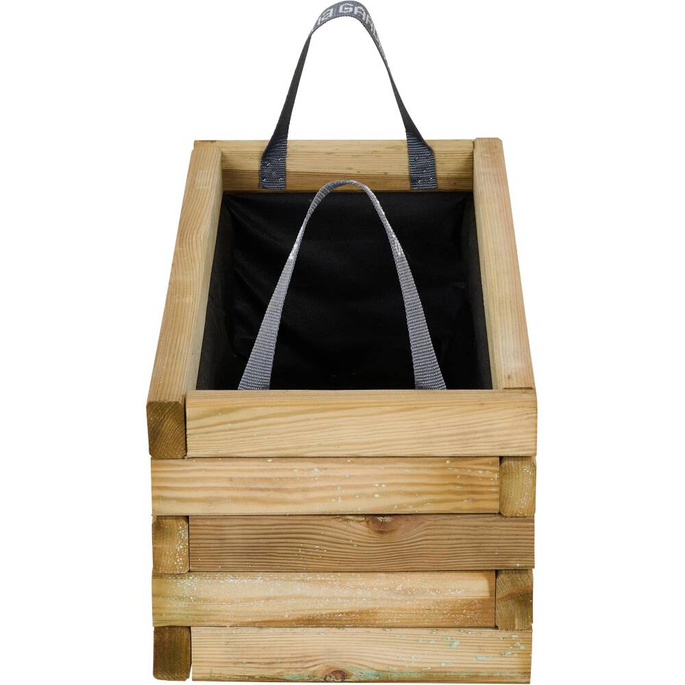 Fa komposztáló fekete belső tartállyal és fogantyúkkal. A komposzter stabil, téglalap alakú. Ideális kerti hulladékok számára.