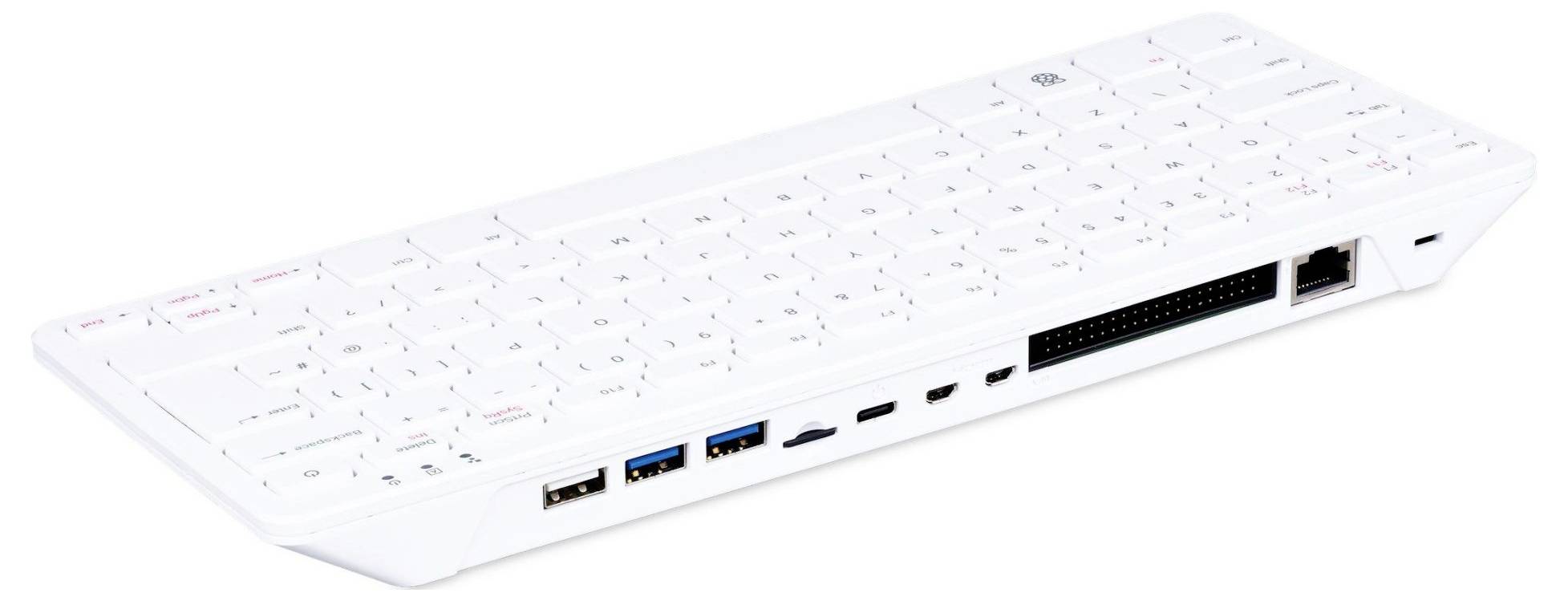 Fehér billentyűzet-egység beépített mikroszámítógéppel, több USB-csatlakozóval, HDMI és Ethernet-porttal, moduláris kialakításra alkalmas.