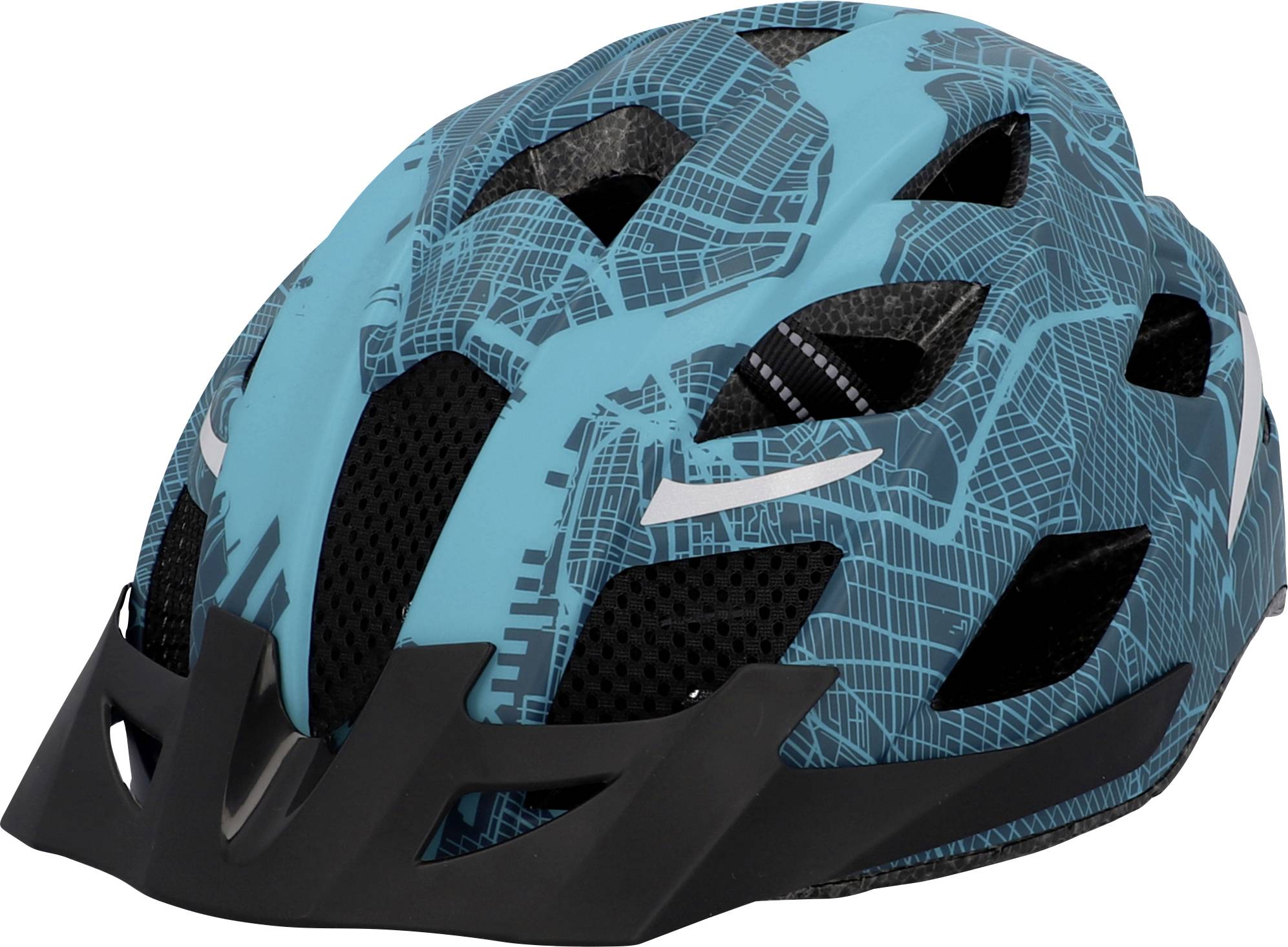 Egy kék kerékpáros sisak fekete védőráccsal és városi térképmintázattal gondoskodik a biztonságos kerékpározásról, felnőttek számára alkalmas.
