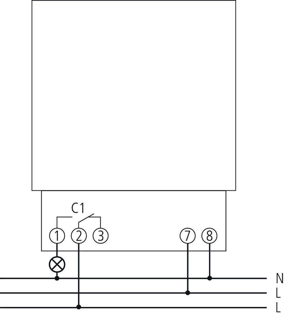 A kapcsolási rajz egy C1 tekercset mutat 1-től 8-ig terjedő csatlakozókkal. Az alatta lévő vonalak a csatlakozókat a hálózati árammal (L és N) kötik össze.