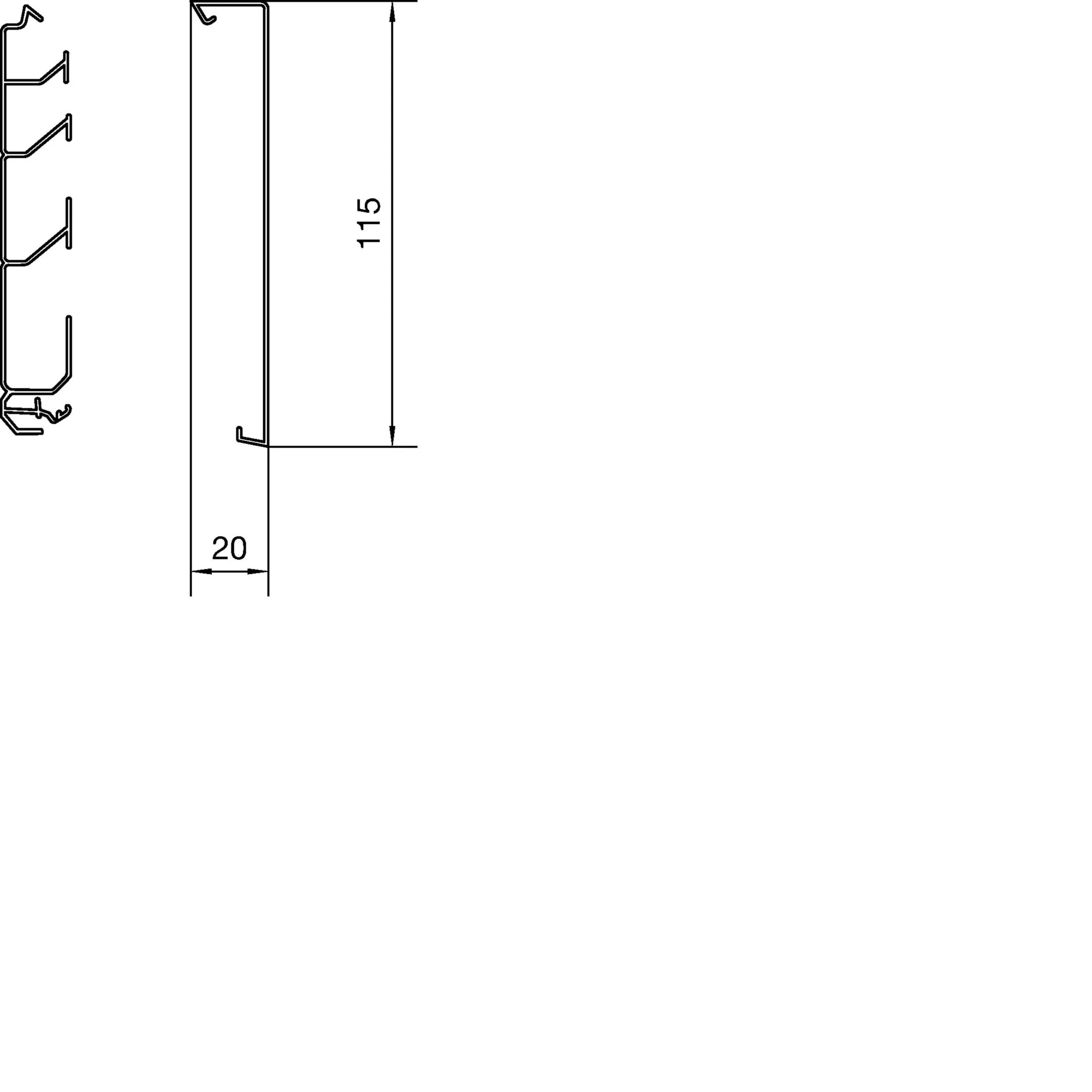Egy profil keresztmetszete méretrészletekkel: magasság 115 mm, szélesség 20 mm. A bal oldalon több üreges kamrát tartalmaz.