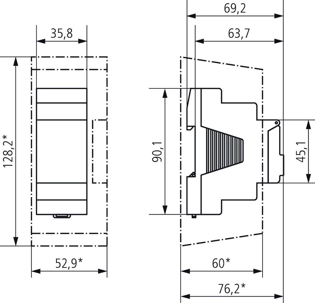 Műszaki rajz egy mechanikai alkatrészről méretekkel: 35,8 x 126,2 mm balra és 60 x 90,1 mm középen.