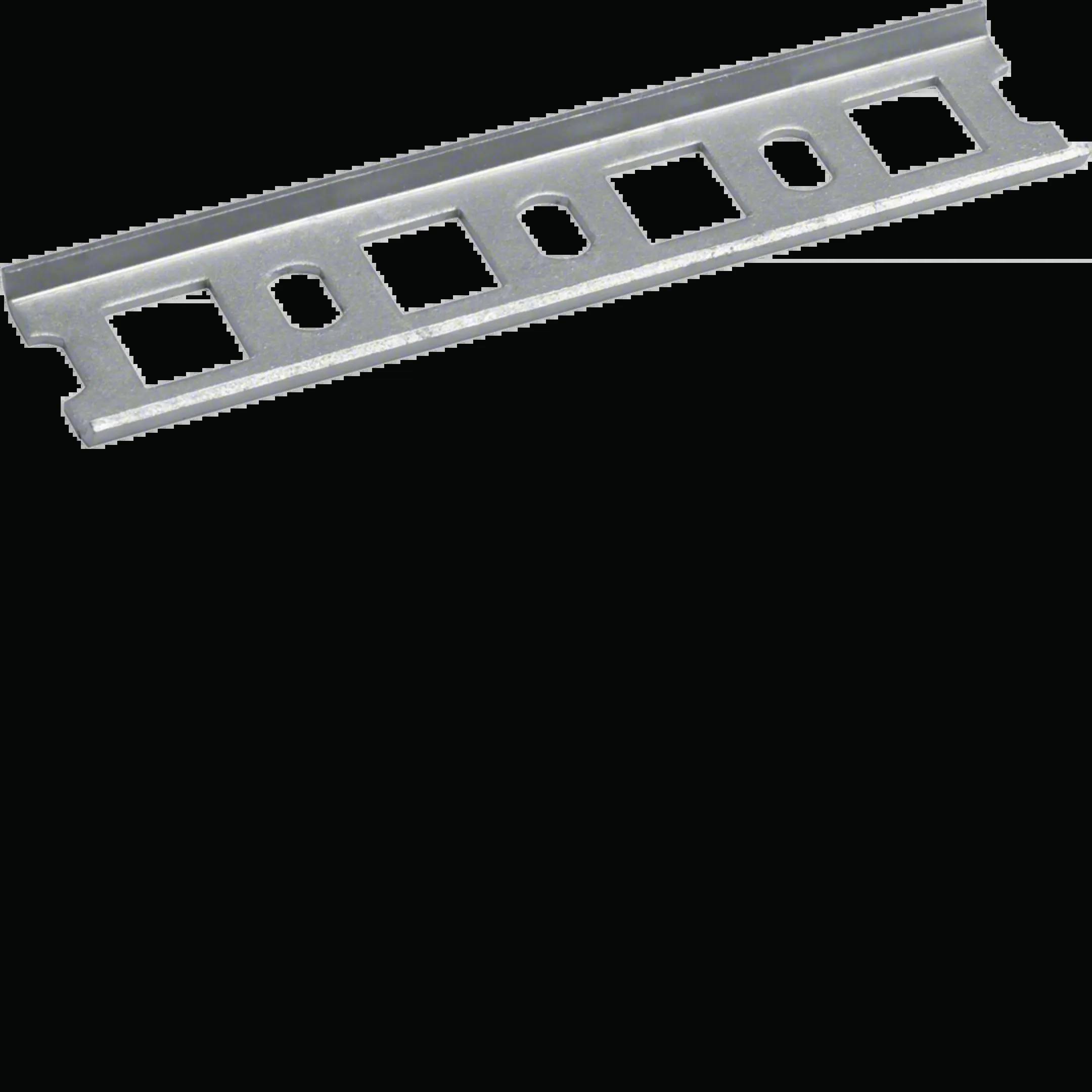 Egy négyszögű nyílásokkal ellátott fémprofit, amelyet építési vagy szerelési célokra használnak.