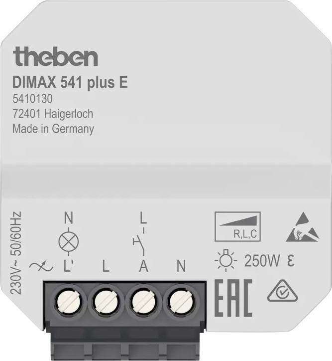 Egy fehér elektronikai eszköz 'theben DIMAX 541 plus E' felirattal. Kialakítva 230V, 50/60Hz, 250W teljesítményre.