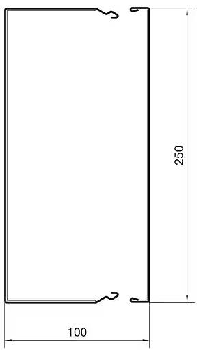 Műszaki rajz egy 250 mm x 100 mm méretű téglalap alakú fémprofilról, horoggal a sarkokon.