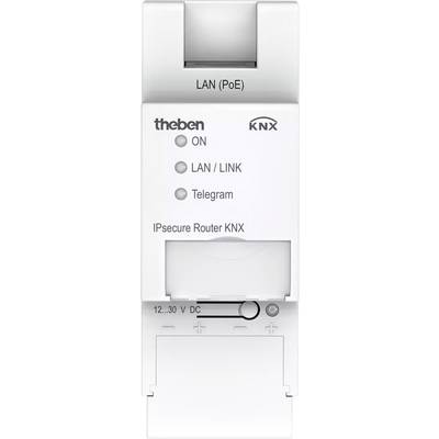 A Theben 'IPsecure Router KNX' LED-ekkel rendelkezik ON, LAN/LINK és Telegram jelzésekhez. Csatlakozók LAN (PoE) és 12...30 V DC számára.