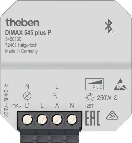 A kép egy Theben DIMAX 545 plus P dimmert mutat. Részletek: Modellszám 5450130, gyártva Haigerlochban, Németországban. Alkalmas 250 W; 230V~ 50/60Hz teljesítményre.