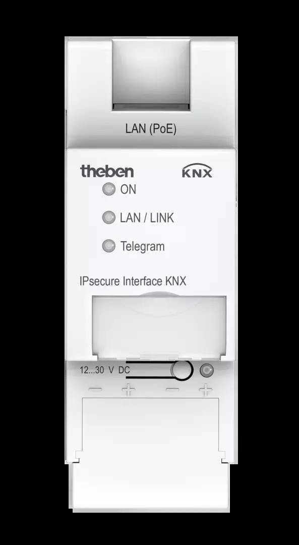 Fehér KNX IPsecure interfész három lámpával: 'BE', 'LAN / LINK', 'Telegram', és a 'KNX IPsecure interfész' felirattal.