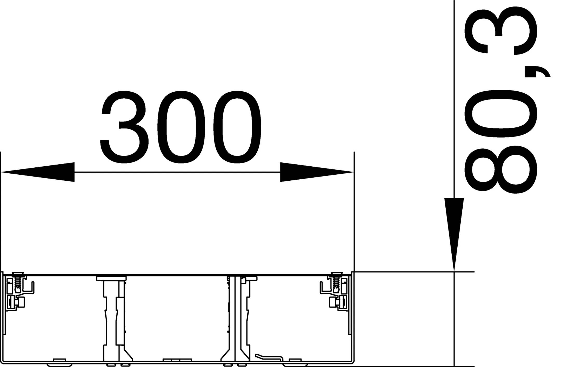 Műszaki rajz 300 mm-es méretnyíllal, amely egy keresztvonalra mutat.