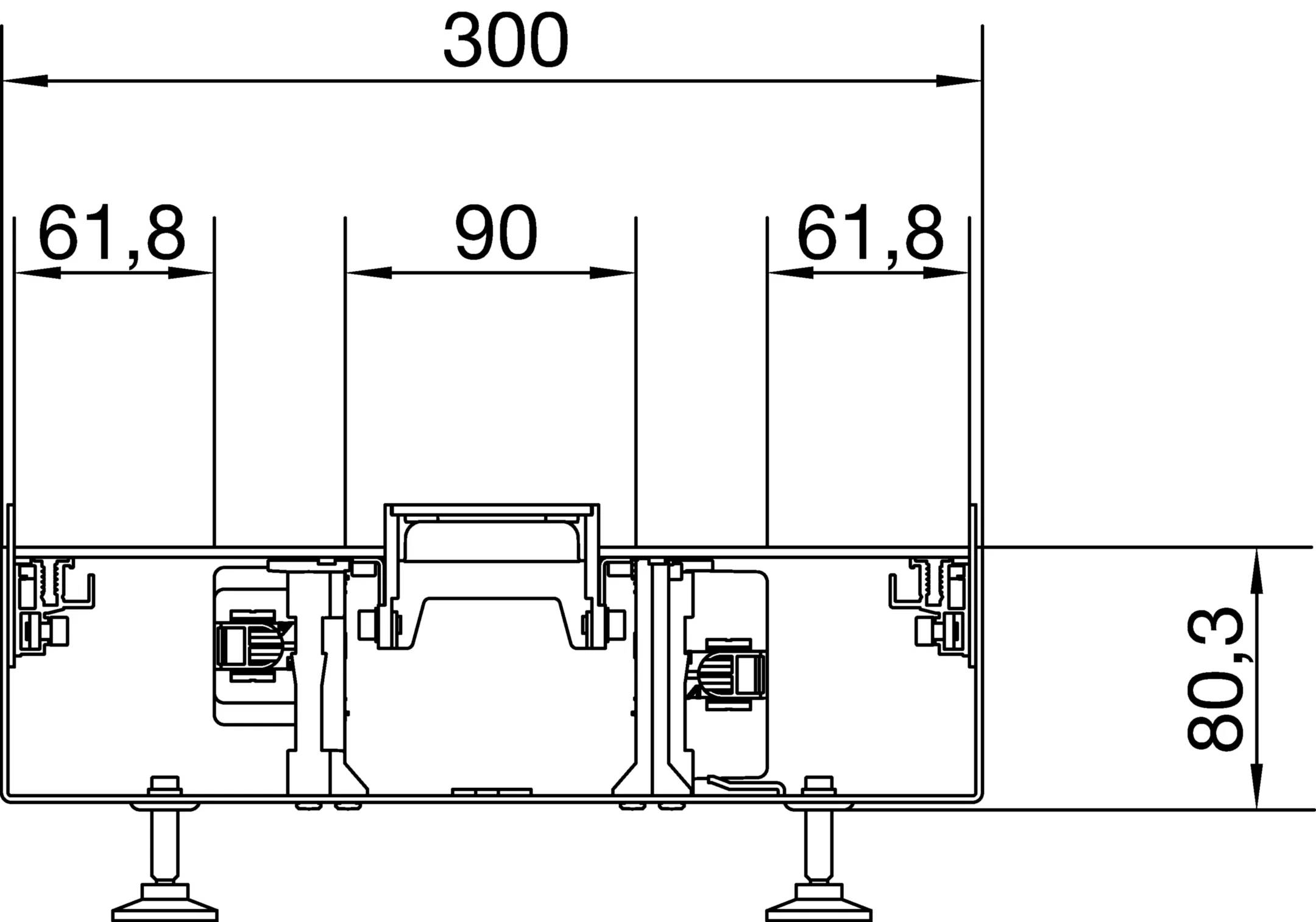 Műszaki rajz egy alumínium profil keresztmetszetéről a következő méretekkel: 300 mm hosszúság, 90 mm magasság, 61,8 mm szélesség.