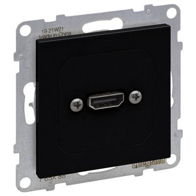 Egy fekete, fém kerettel ellátott HDMI fali aljzat, fali szereléshez. Alkalmas HDMI-kábel csatlakoztatására egy fali panelhez.