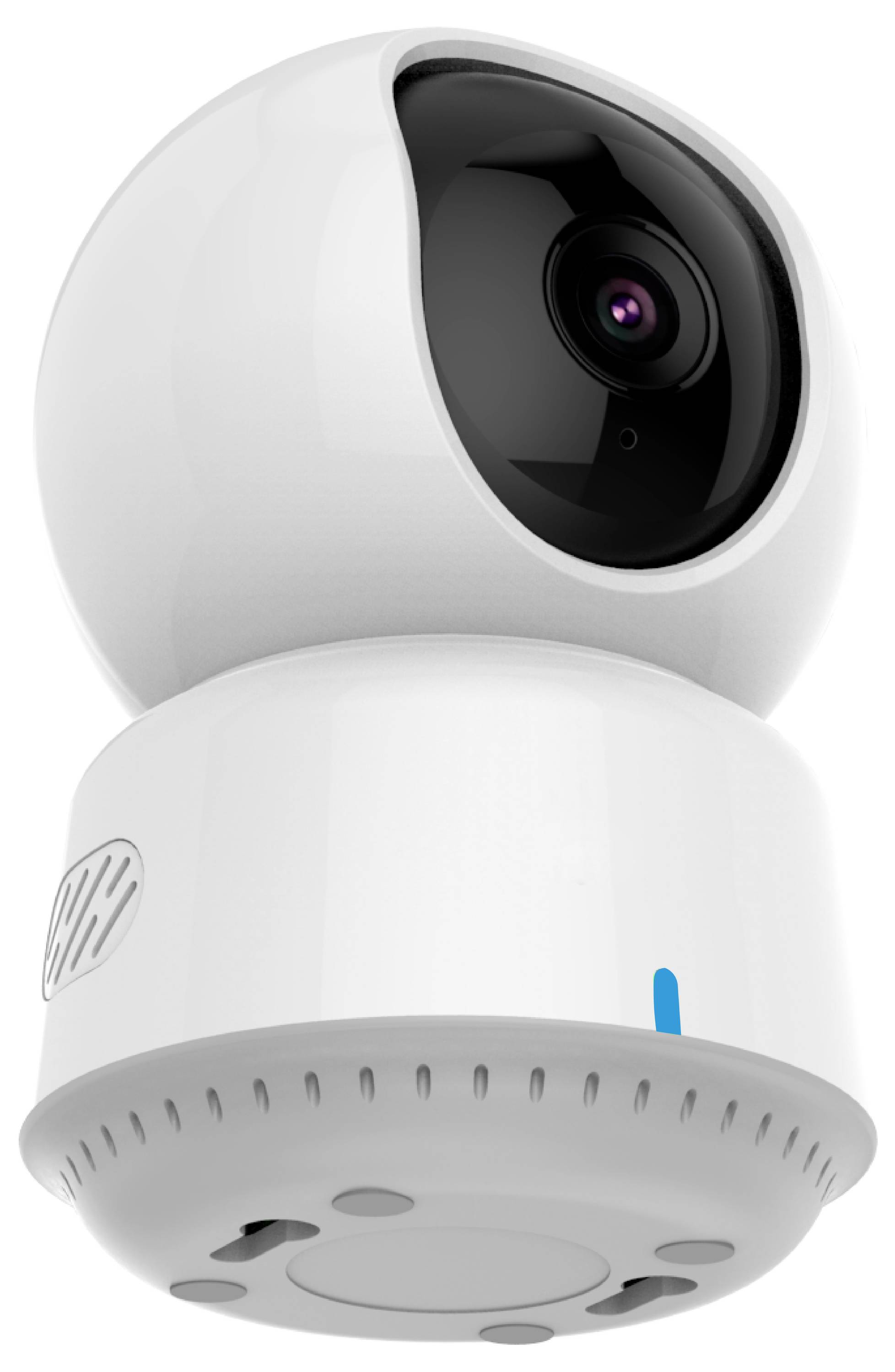 Egy fehér, gömb alakú biztonsági kamera fekete kameraobjektívvel és kék LED-jelzőfénnyel, stilizált perspektívából fotózva.