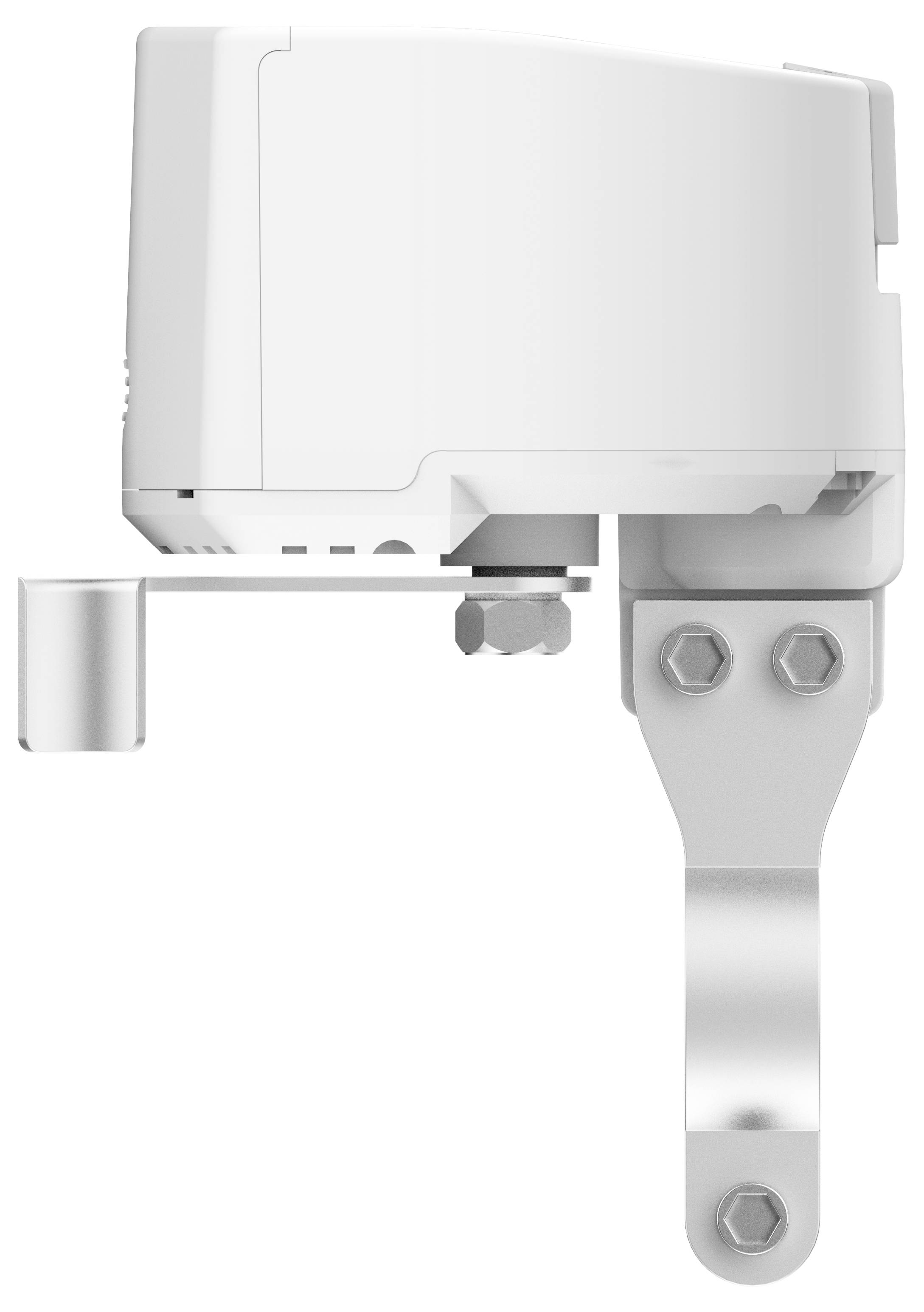 Egy fehér, mechanikus eszköz oldalnézete, amelynek kar-szerkezete van, valószínűleg egy szerelési vagy rögzítési rendszer része.