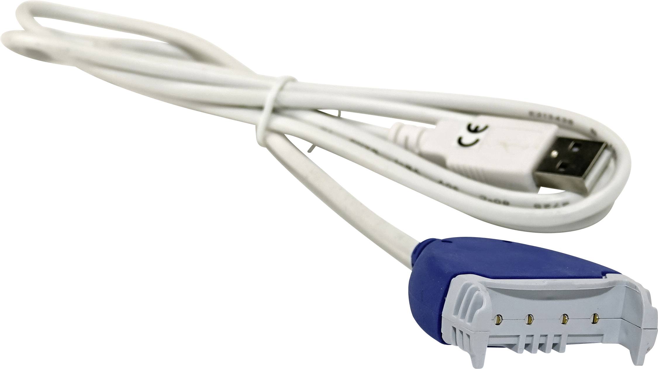 USB-kábel fehér kábellel és egy kék adapterrel. Az USB-csatlakozón CE-jelölés látható.