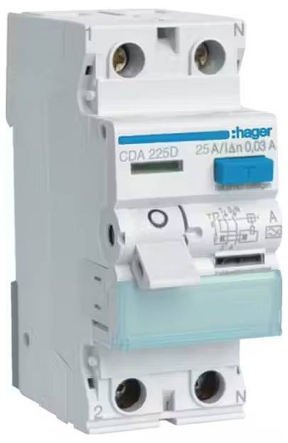 Egy Hager CDA 225D típusú áramvédő kapcsoló, 25 A, 30 mA. Védi az elektromos áramköröket a hibaáramokkal szemben.