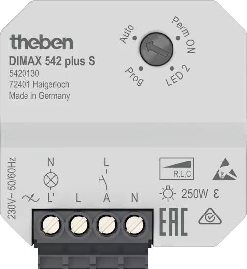 Egy programozható fényerőszabályzó a Theben gyártótól, DIMAX 542 plus S modell, 250 W teljesítménnyel, alkalmas 230V~ 50/60Hz hálózathoz, Németországban gyártva.