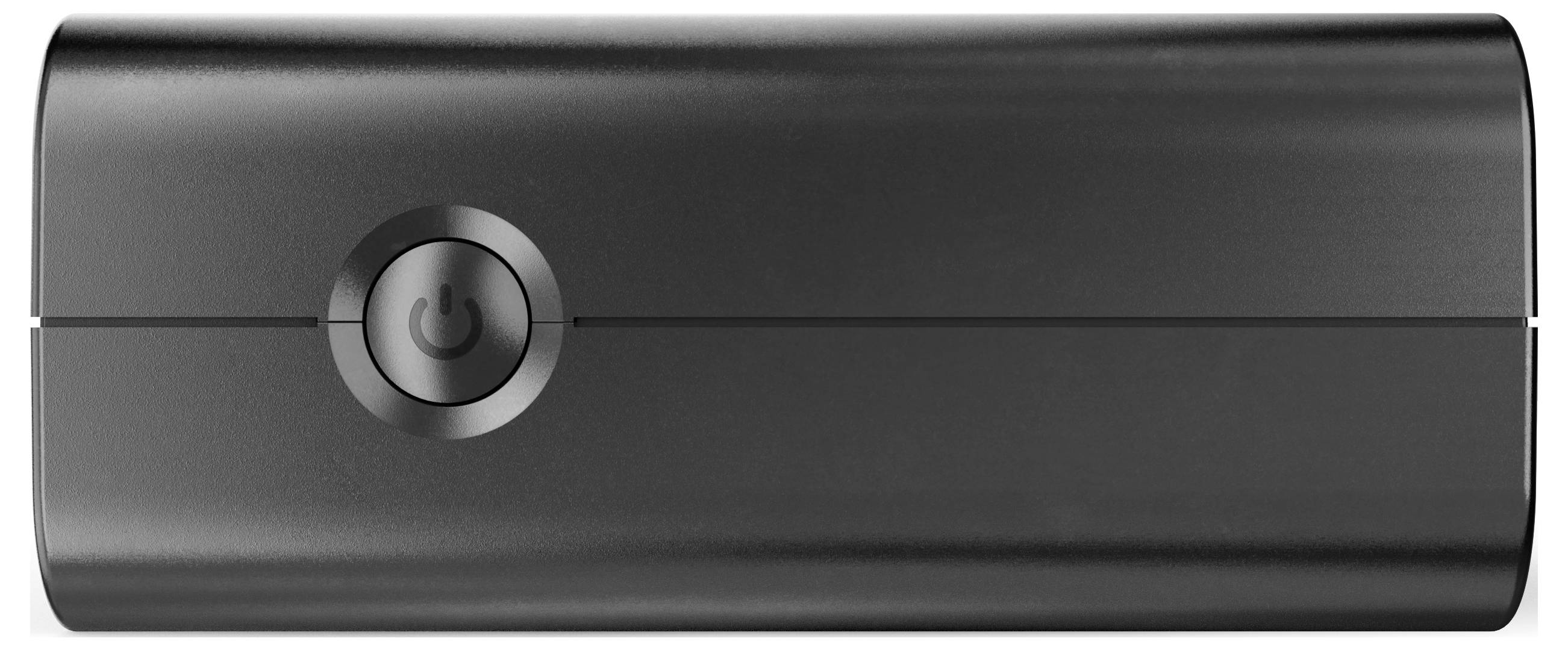 Fekete, téglalap alakú, hordozható powerbank, amelynek középső részén jól látható be-/kikapcsoló gomb található.