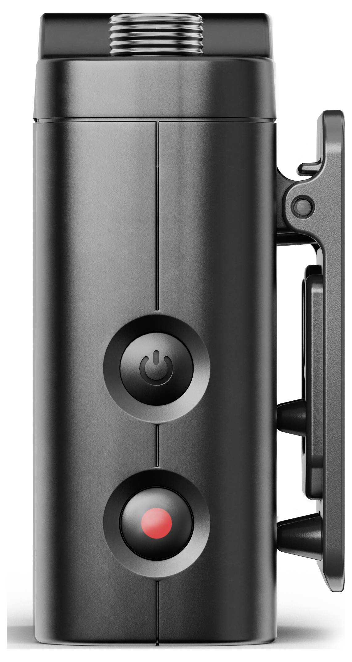 Egy kompakt fekete fényképezőgép két kerek gombbal: egy be-/kikapcsoló gombbal és egy piros felvételi gombbal. Oldalnézet, csipesszel.