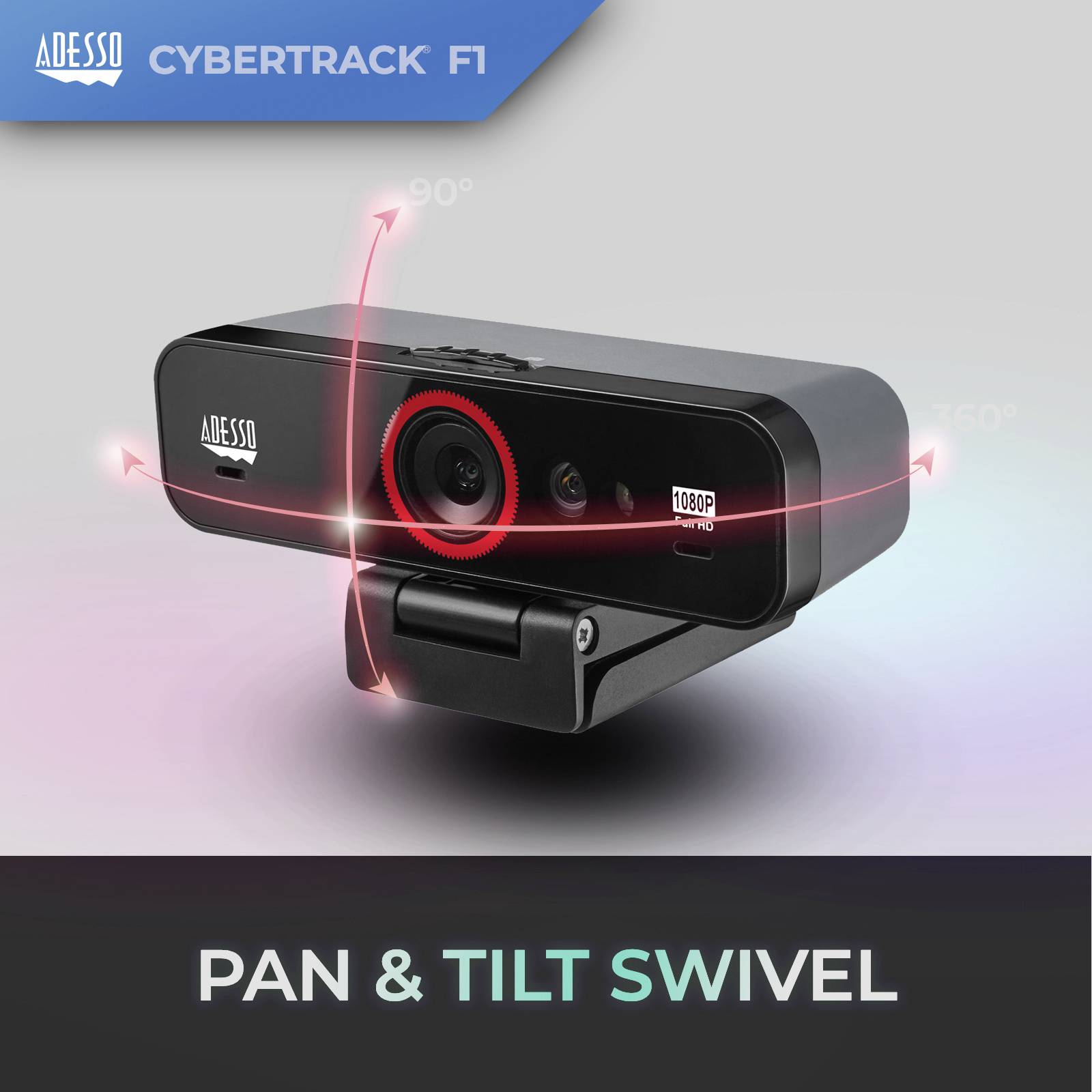 Az ábra egy 'Adesso CyberTrack F1' nevű webkamerát mutat, amelynek pásztázási és billentési funkciói ki vannak emelve.