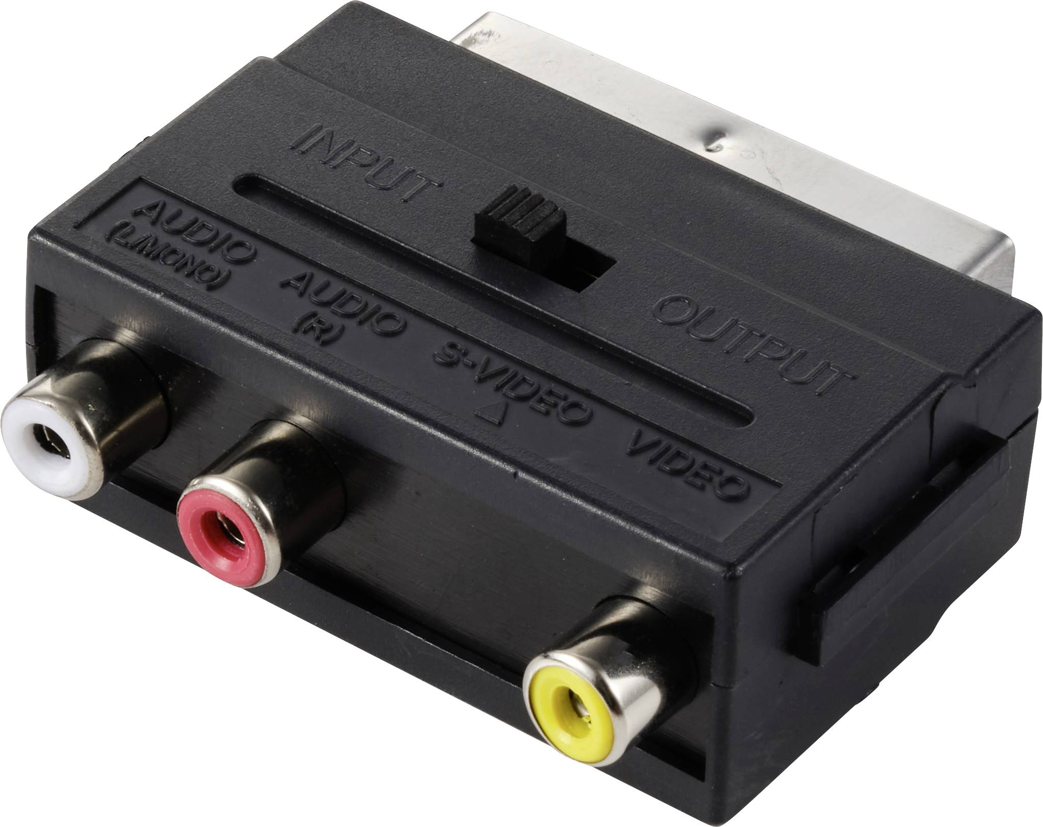 Fekete SCART-adapter audio (bal/jobb) és videó (S-Video és Composite) be- és kimenetekkel.