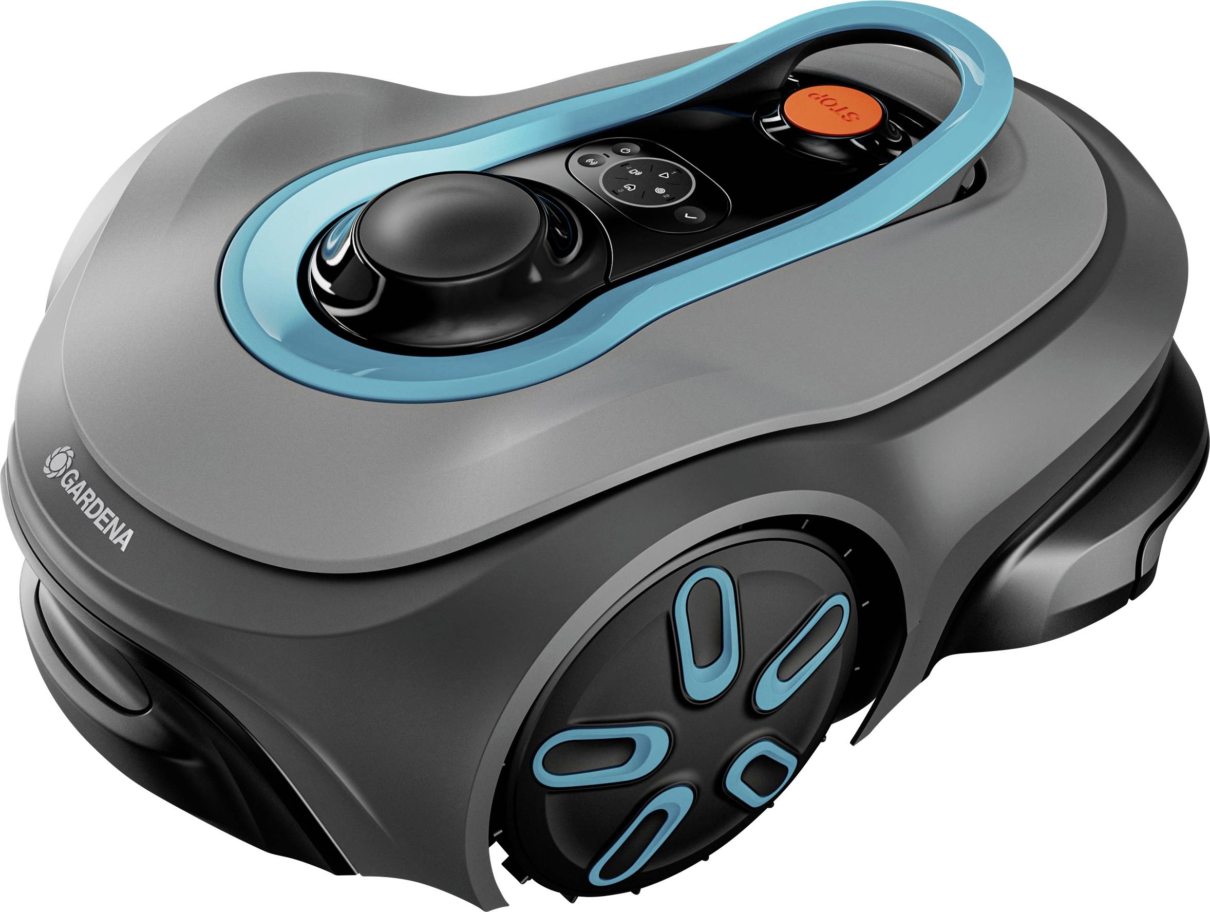 Elegáns, szürke robotfűnyíró kék kiegészítésekkel és digitális vezérlőpanellel.