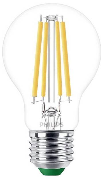 Egy Philips márkájú LED-es izzólámpa látható szálakkal és E27-es foglalattal, energiatakarékos világításhoz tervezve.
