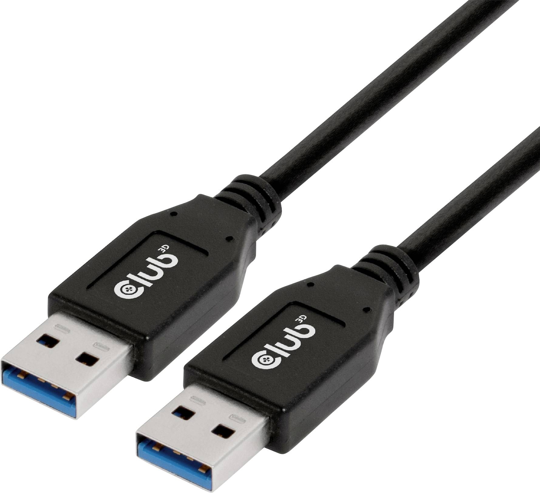 Két fekete USB 3.0-kábel kék csatlakozókkal, egymás mellett fektetve.