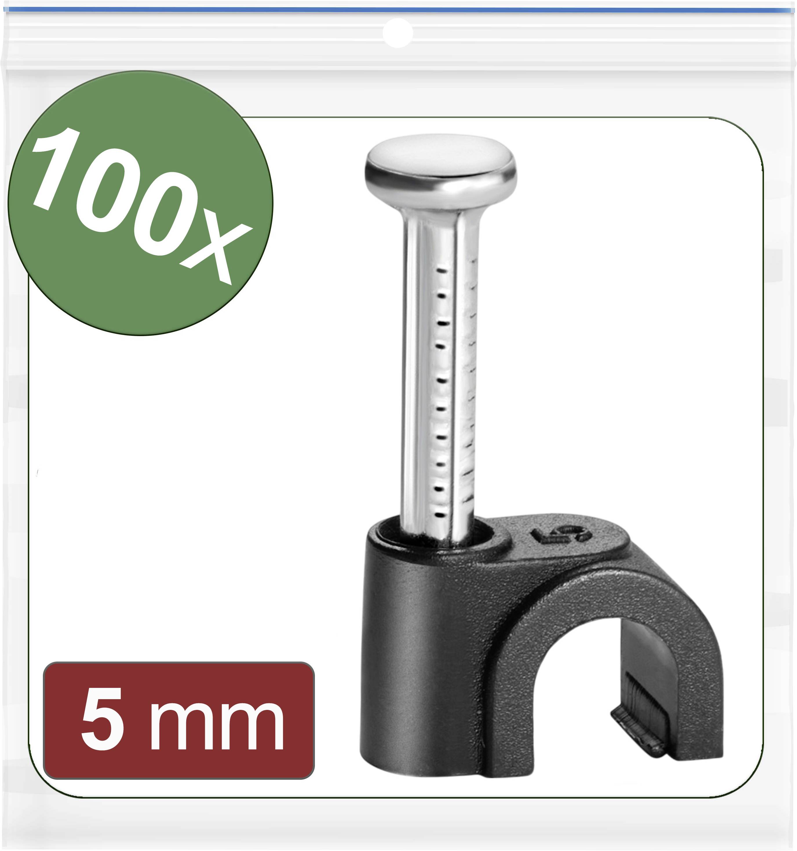 100 db fekete kábelrögzítő klip szöggel, 5 mm átmérőjű, kábelek fali rögzítéséhez.