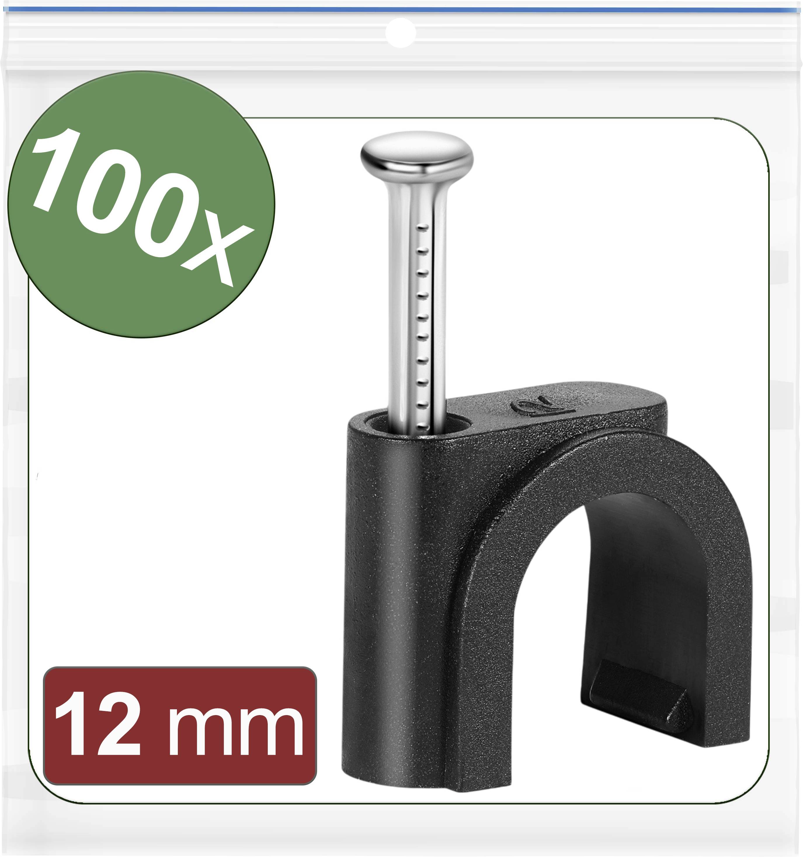 Egy 100 darabos csomag fekete kábelbilinccsel, 12 mm-es, kábelek rögzítéséhez, előre felszerelt szegekkel.
