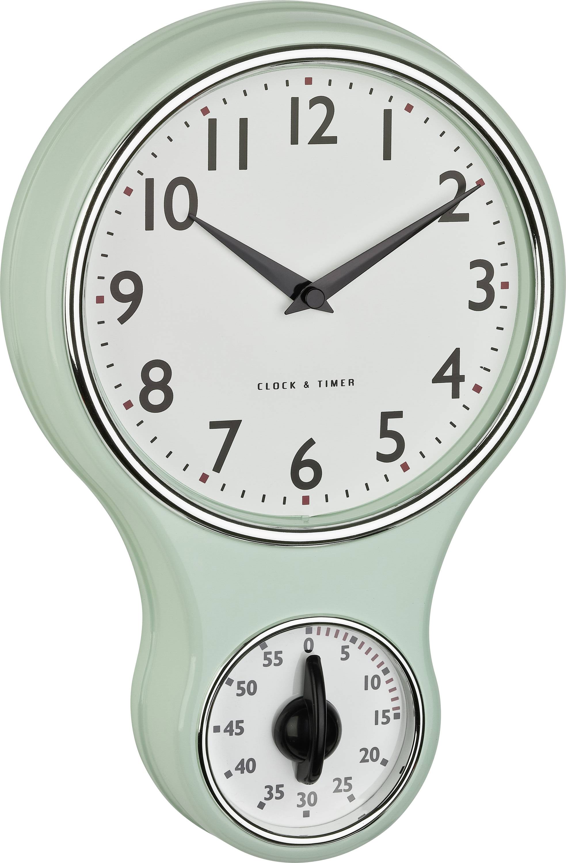 Egy menta zöld falióra klasszikus számlappal felül és egy beépített időzítővel alul.