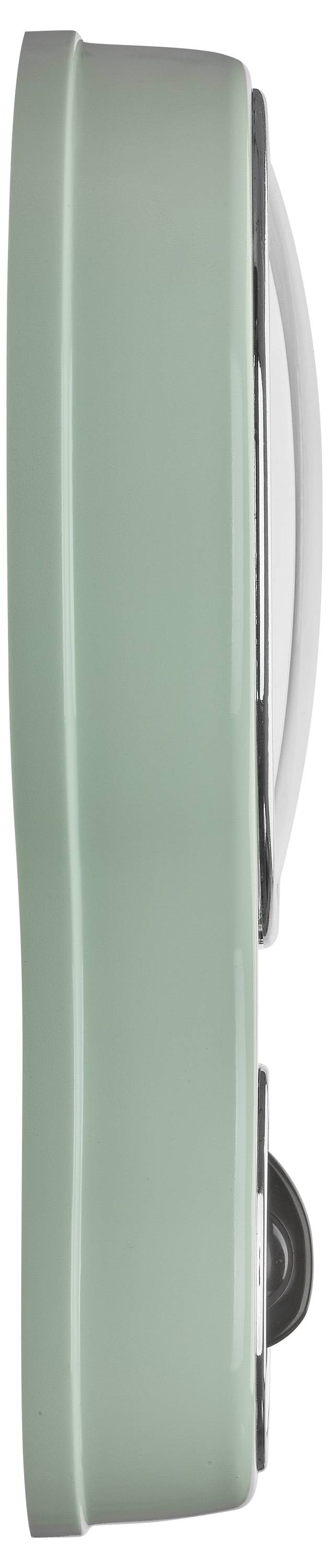 Egy menta zöld, kerek fényképezőgép oldalnézete, amelynek objektívje a jobb oldalon helyezkedik el.