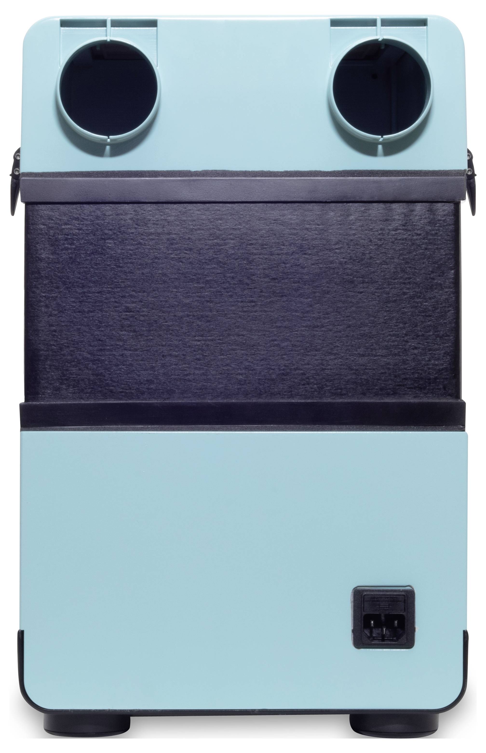 Egy téglalap alakú, türkizkék eszköz két kerek nyílással felül és egy fekete sávval a középső részén. Az alsó oldalán egy csatlakozóaljzat látható.