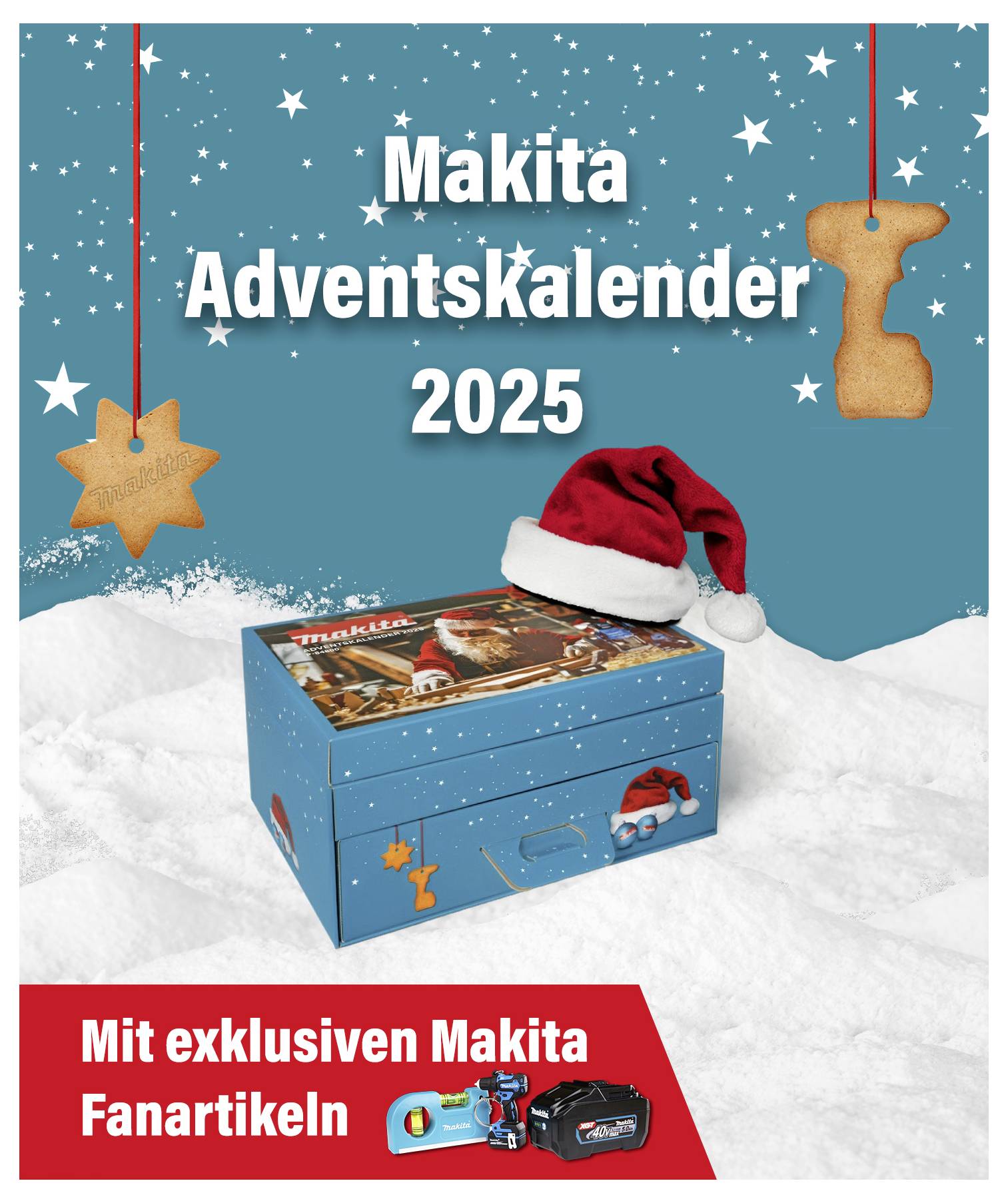 Egy kék doboz Mikulás-sapkával, amelyen 'Makita Adventi Naptár 2025' felirat szerepel, hóban áll. Csillag és rénszarvas alakú sütemények lógnak felette. Piros szöveg: Exkluzív Makita rajongói termékek.