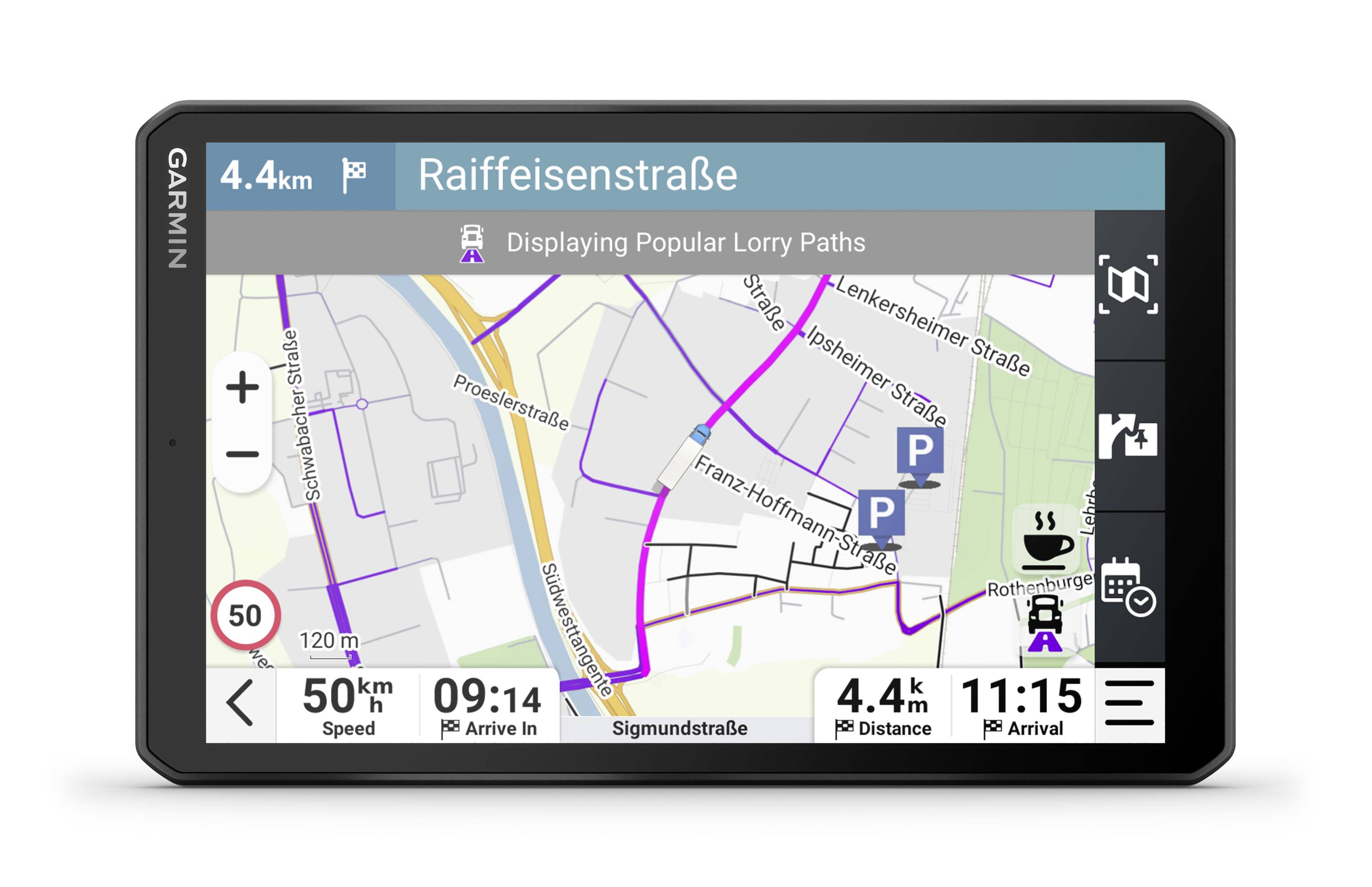 A navigációs eszköz útvonalat mutat a Raiffeisenstraße-hoz, 4,4 km távolsággal és 11:15-ös érkezési idővel. Sebességkorlátozás 50 km/h.