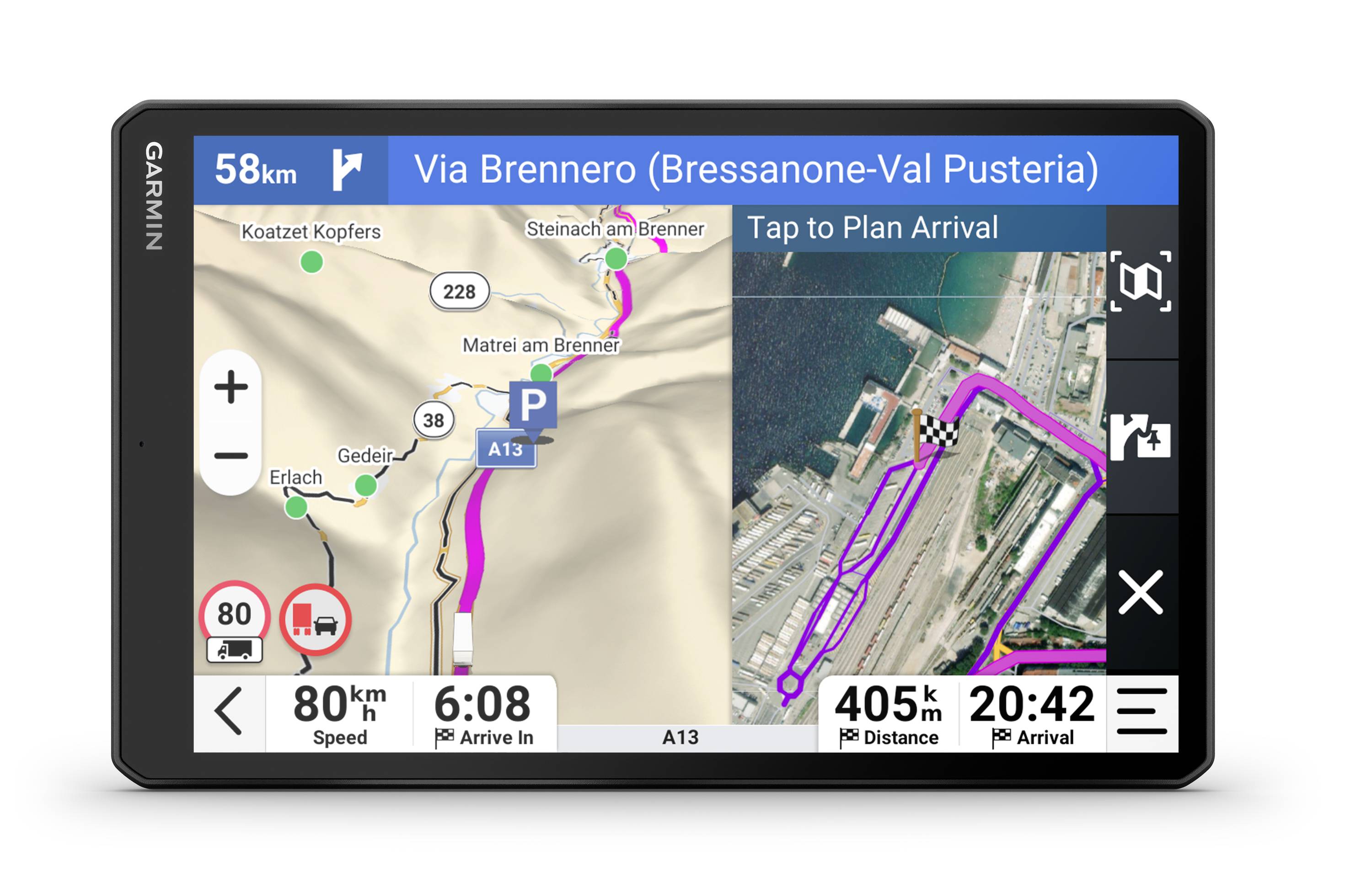 Egy GPS-navigációs rendszer útvonalat mutat. Úti cél: Brenner-hágón át, 58 km távolságban. Jelenlegi sebesség: 80 km/h, érkezés 20:42-kor.