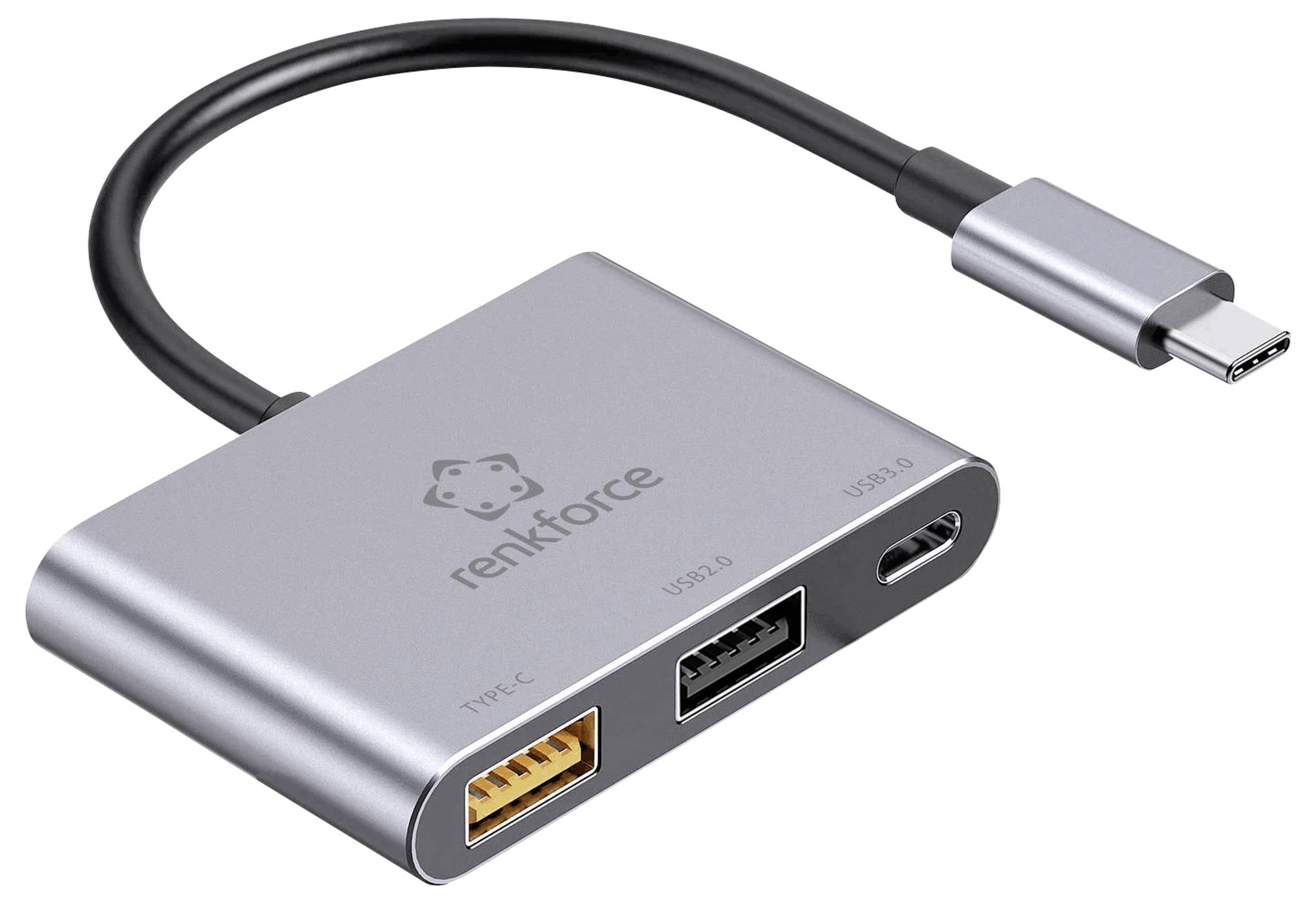 Egy ezüstszínű Renkforce USB-C hub három csatlakozóval: USB-C, USB 3.0 és USB 2.0.