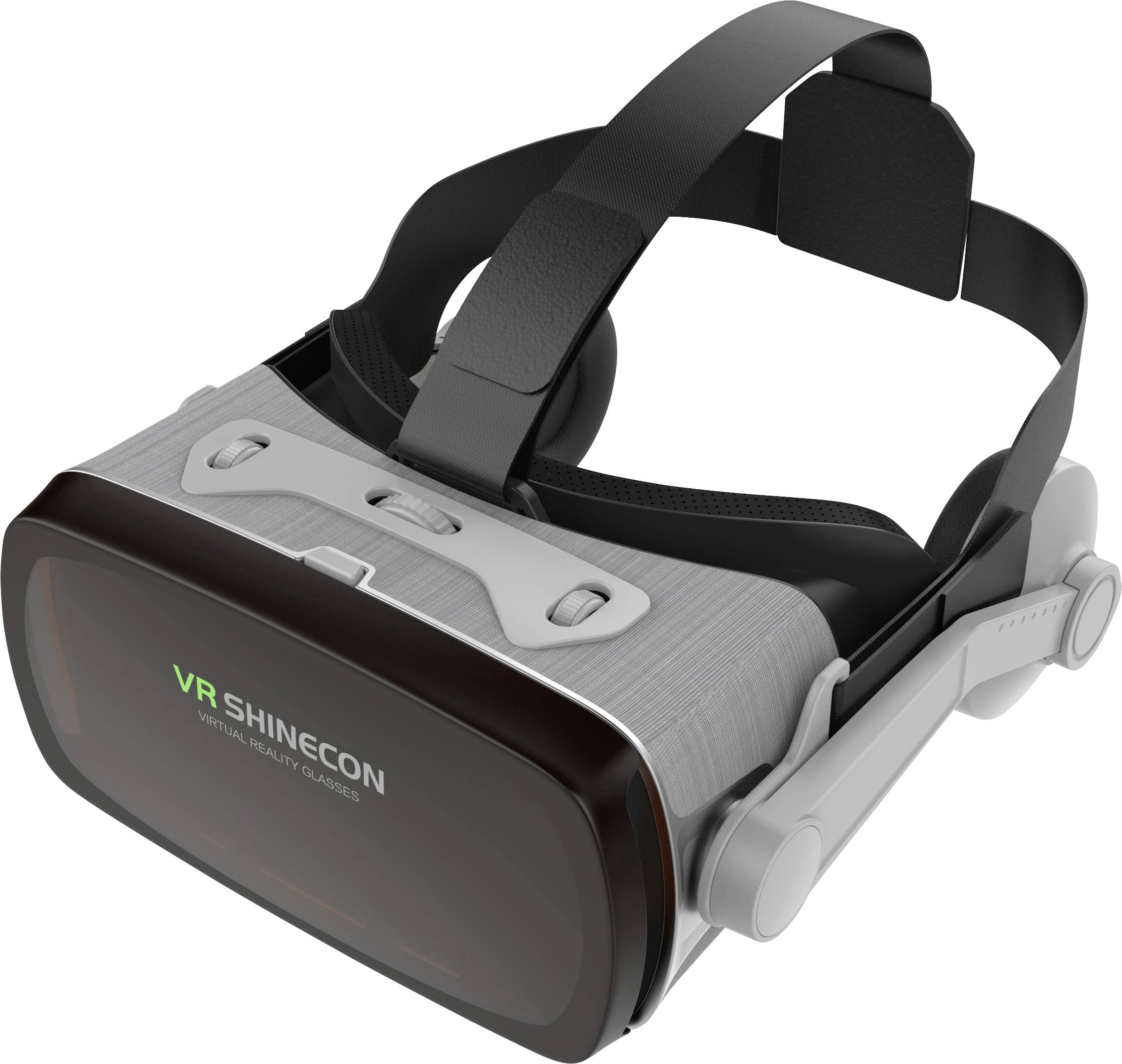 VR-fejpánt 'VR Shinecon' felirattal. Fekete előlappal, szürke gombokkal és állítható fejpánttal rendelkezik.