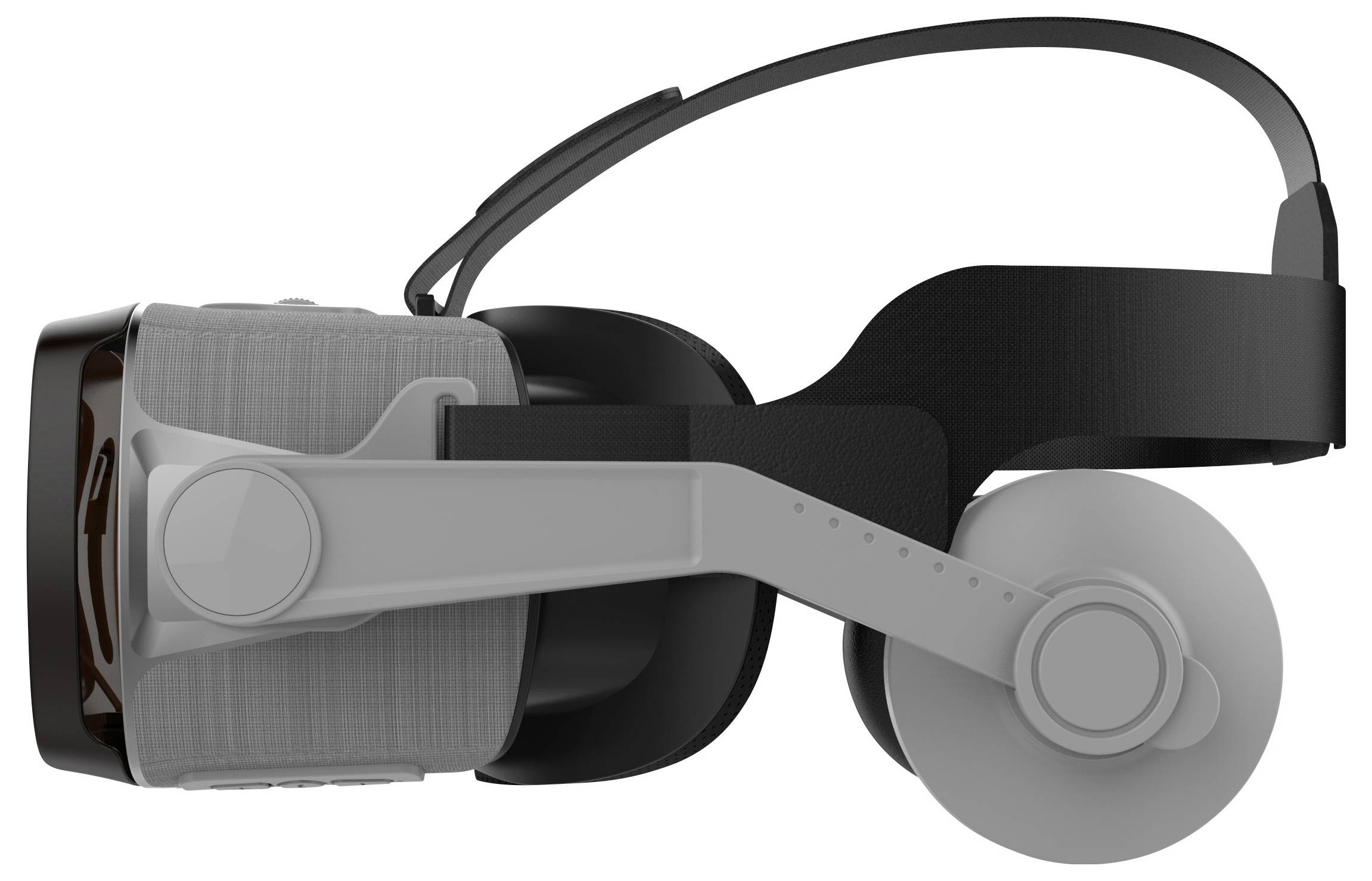 Egy fekete és szürke dizájnú, állítható fejpánttal rendelkező virtuális valóság (VR) szemüveg, oldalnézetben.