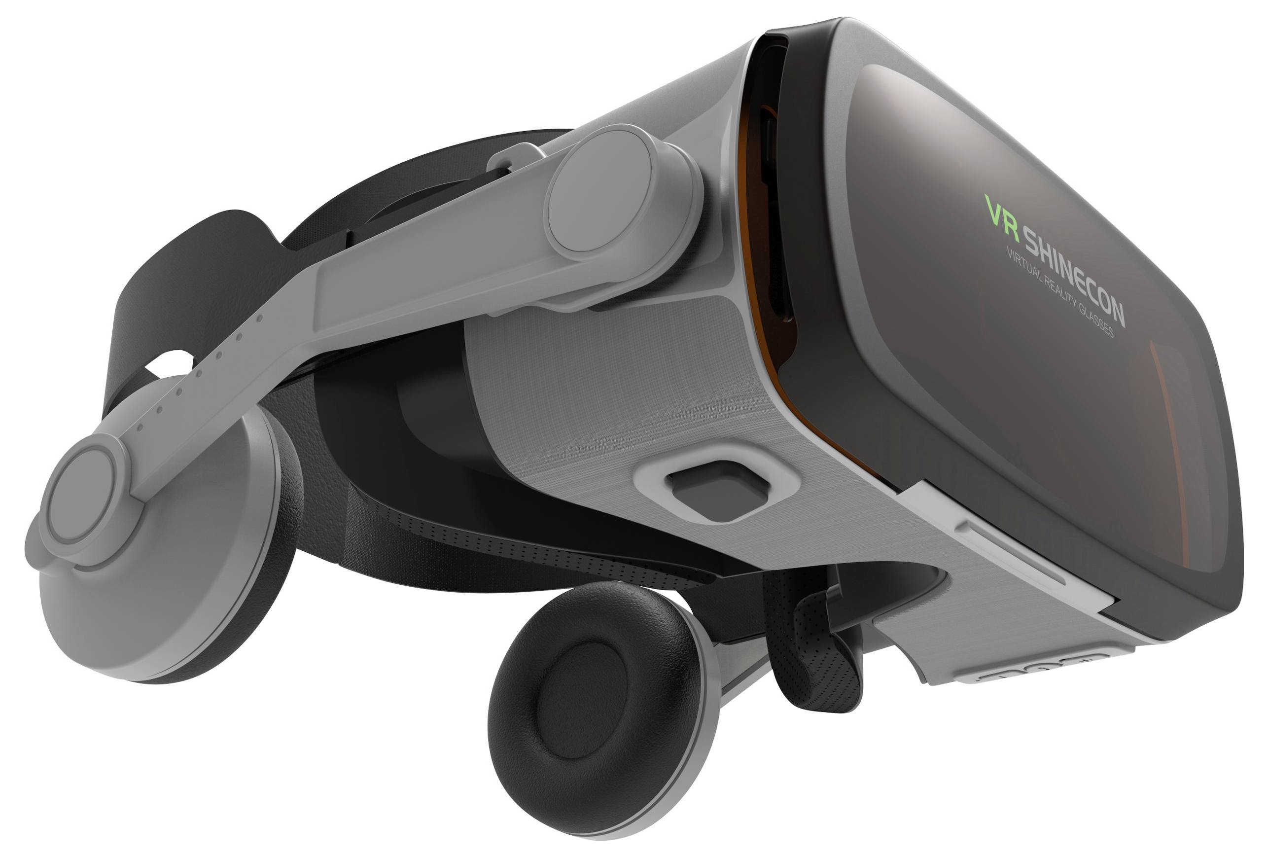 VR-szemüveg oldalnézetben, fekete-szürke színben, az elején 'VR Shinecon' felirattal. Alkalmas immerzív virtuálisvalóság-élmények nyújtására.