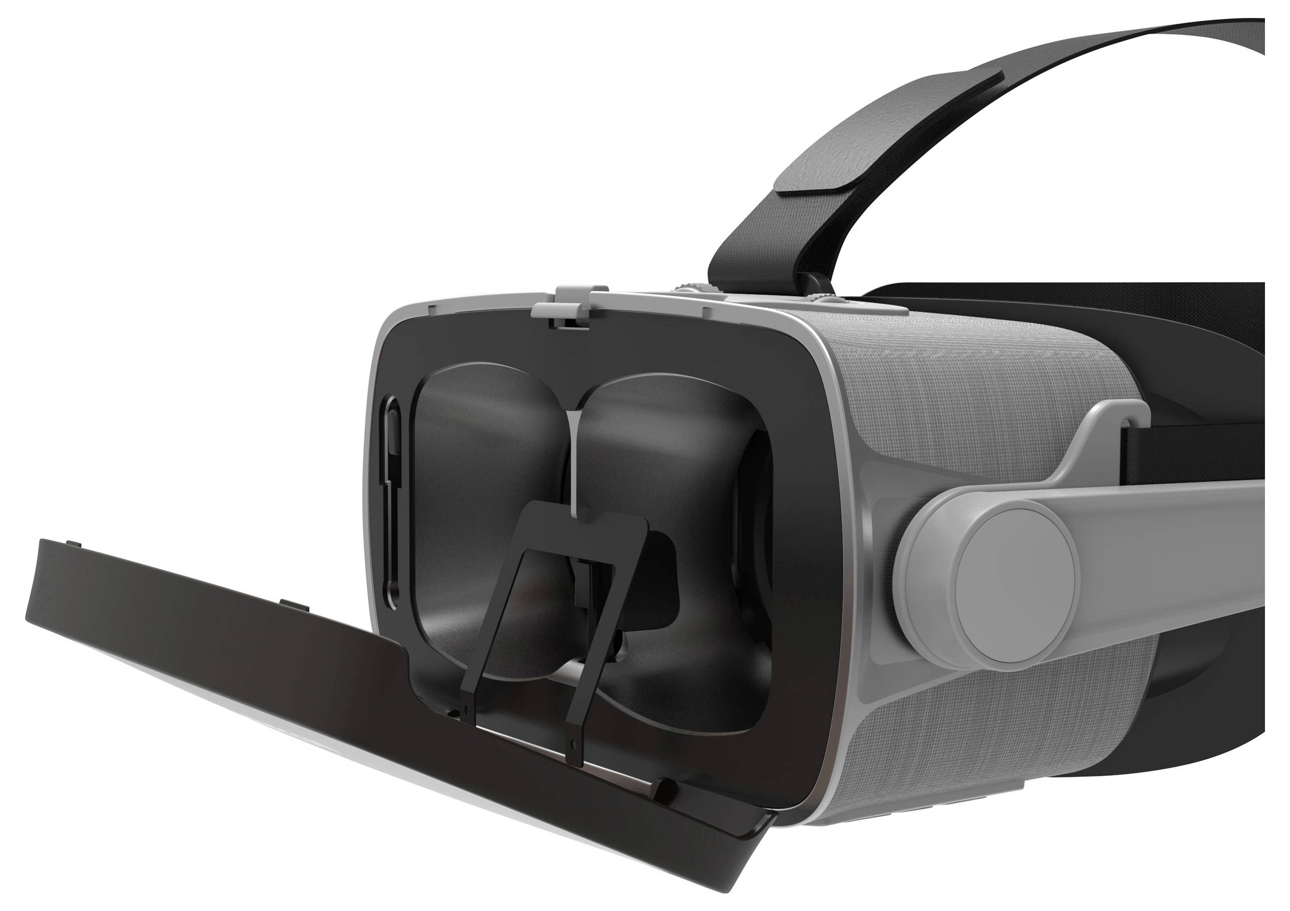 VR-headset nyitott elülső borítással, amely egy okostelefon tartóját mutatja. Döntően szürke és fekete árnyalatokban.