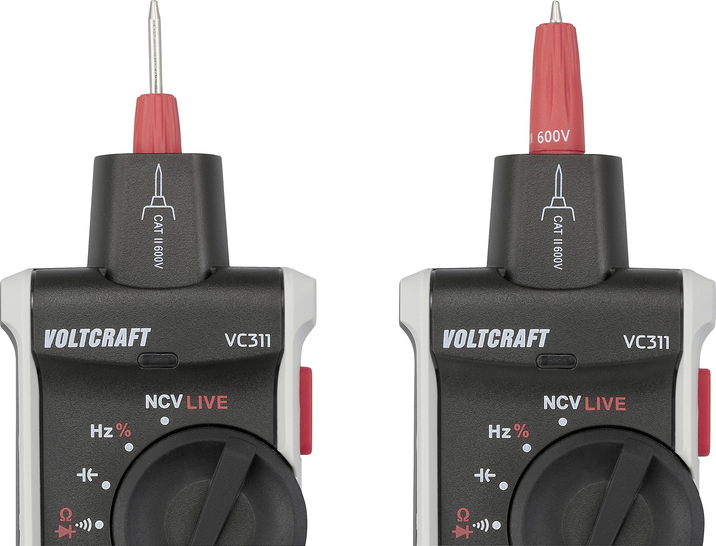 Két Voltcraft VC311 feszültségmérő műszer piros mérővezetékekkel és mérési beállításokkal, amelyek a Hz és NCV élő funkciókra összpontosítanak.
