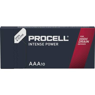 Elemcsomag a 'Procell Intense Power AAA10' felirattal és a 'For High Drain Devices' megjegyzéssel. Bal felső sarokban 'Open & Close' jelzés.