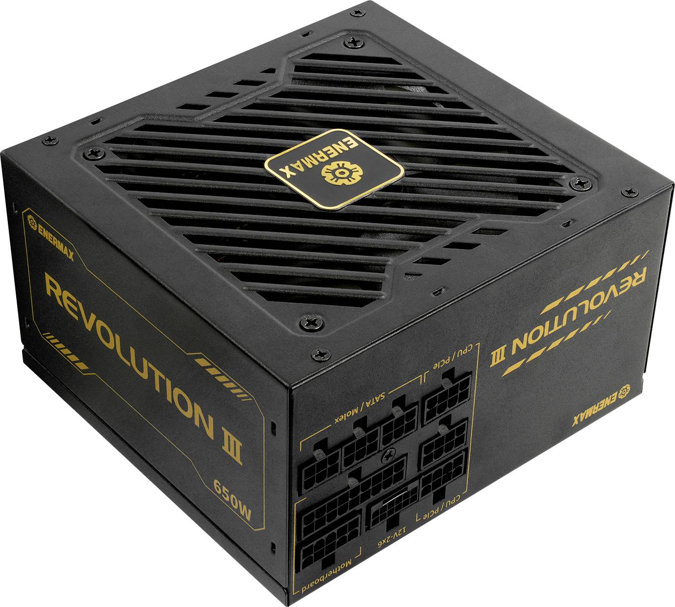 Egy fekete Enermax Revolution III 650W tápegység, amelynek szellőzőnyílású teteje, cégjelzése és több kábel csatlakozási portja látható.