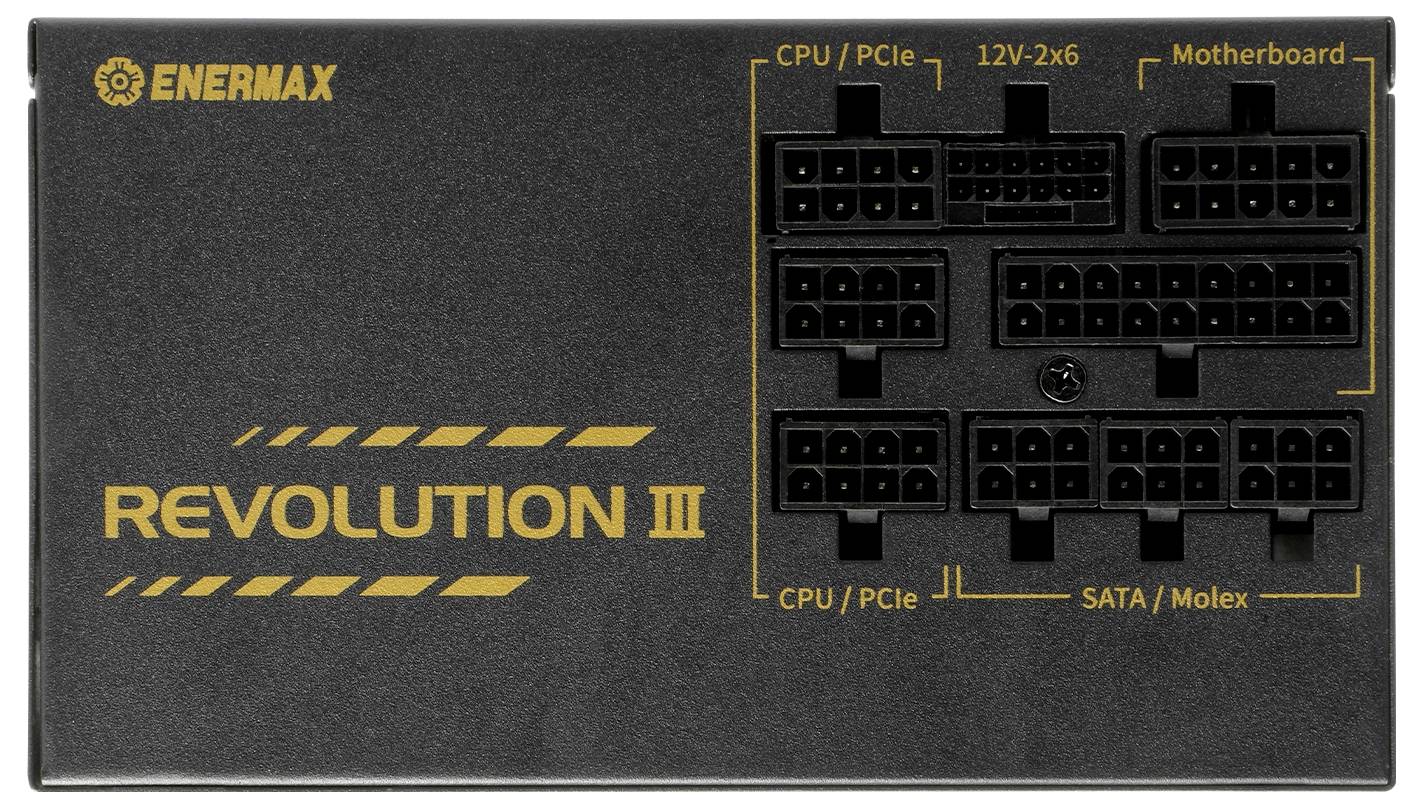 Enermax Revolution III tápegység, különböző csatlakozási portokkal ellátva, amelyeken a CPU/PCIe, 12V-2x6, Alaplap, SATA/Molex feliratok szerepelnek.