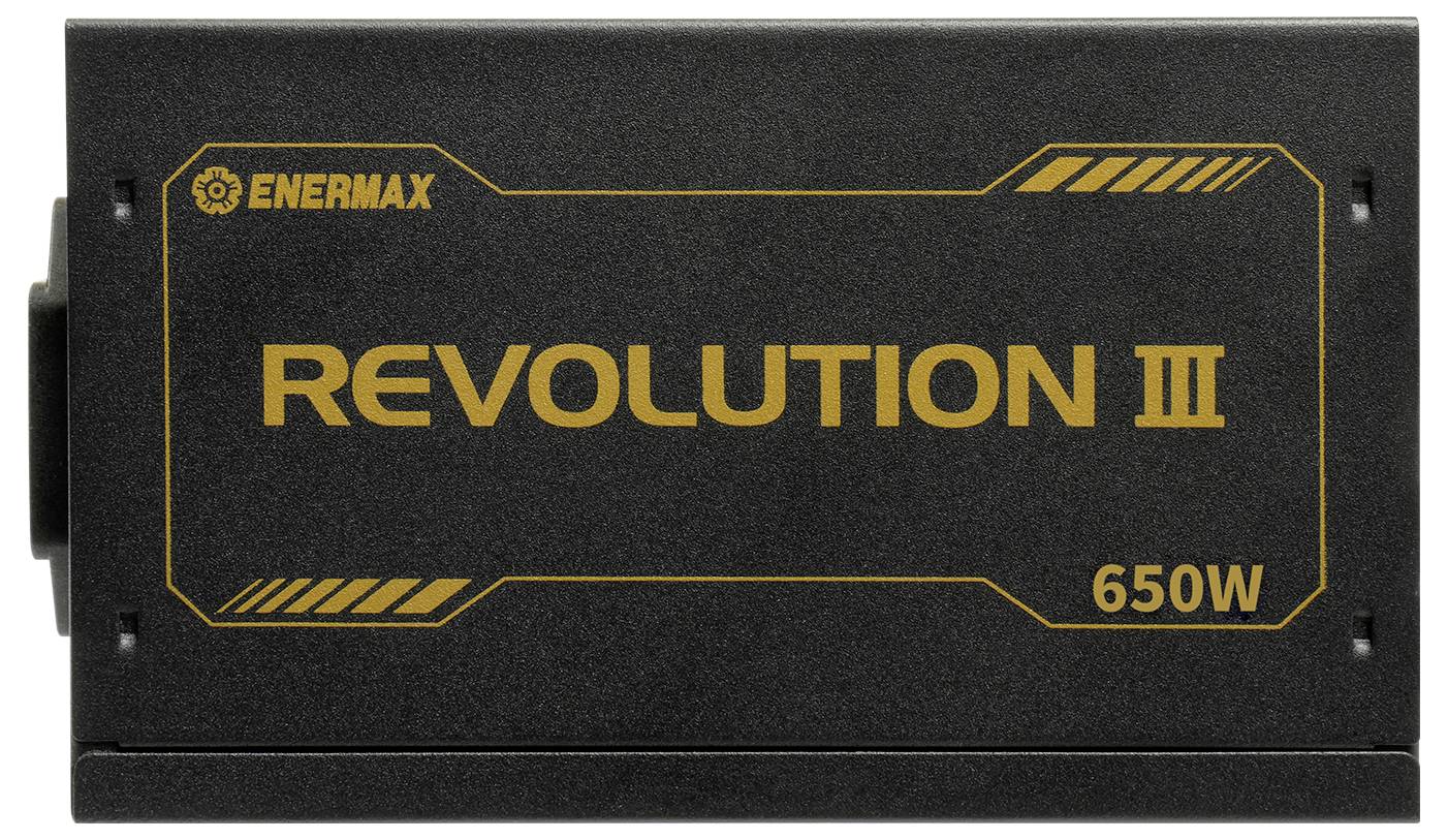 'ENERMAX Revolution III 650W' tápegység, fekete sárga szöveggel, kihangsúlyozza a márkát és a specifikációkat.