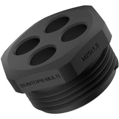 Fekete kábelszorító négy nyílással, 'SKINTOP® MULTI' és 'M25x1,5' jelöléssel.