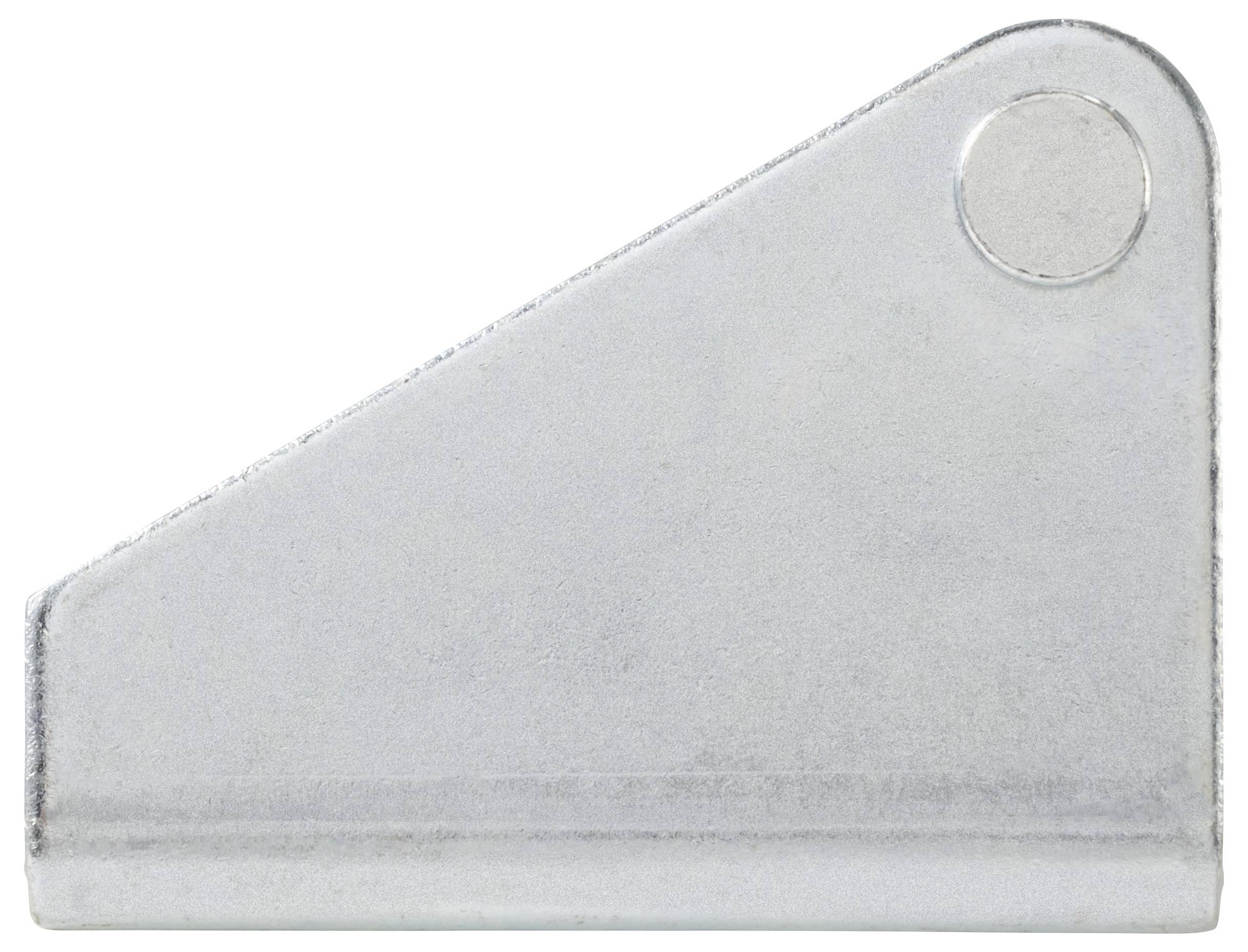 Ezüstszínű fémből készült derékszögű csuklós elem, amelyet elsősorban bútorok vagy szerkezetek összeállításánál használnak csatlakoztatásra.