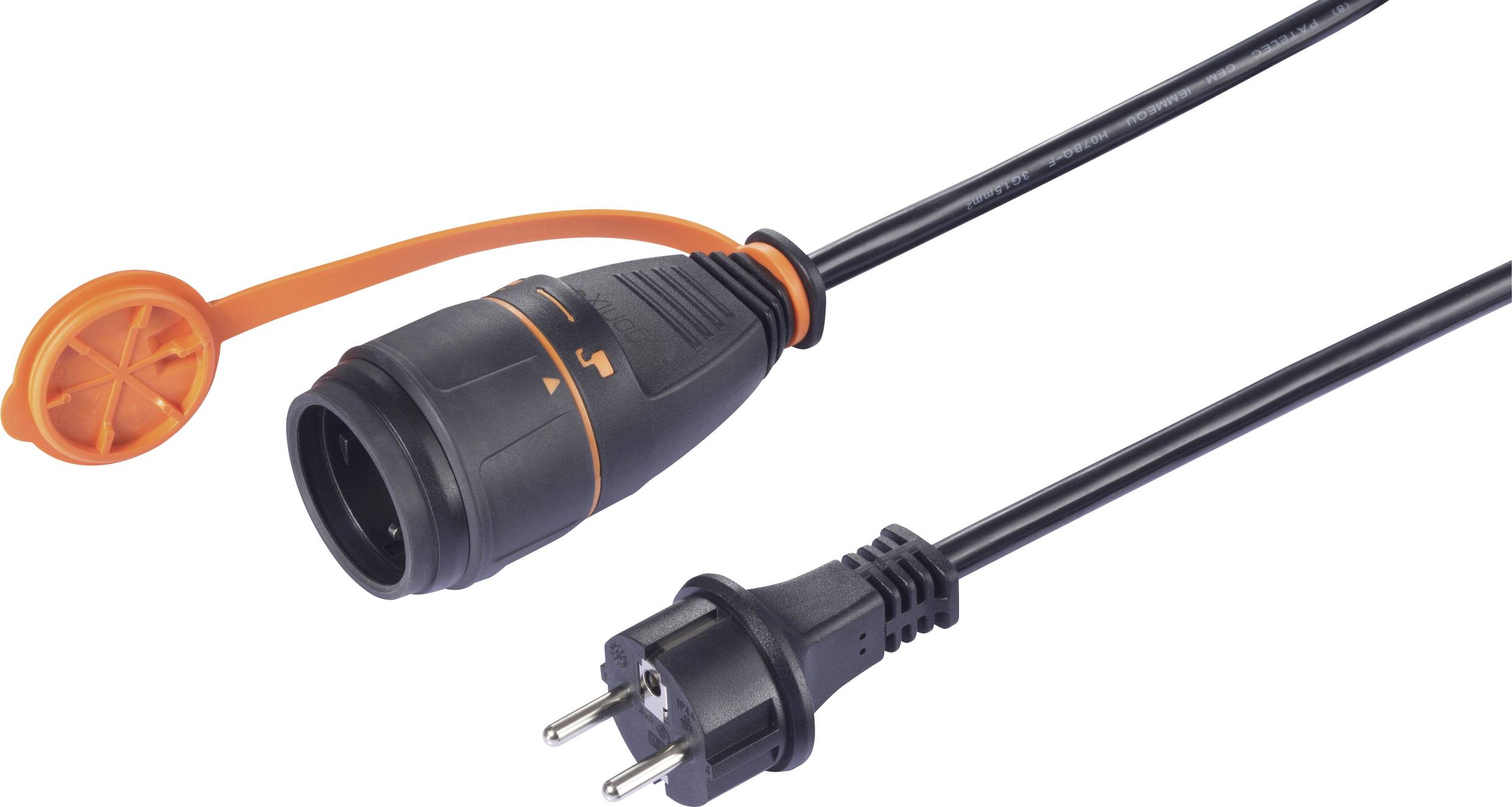 Egy fekete hosszabbító kábel narancssárga védősapkával a csatlakozónál és egy Schuko-dugvillával.