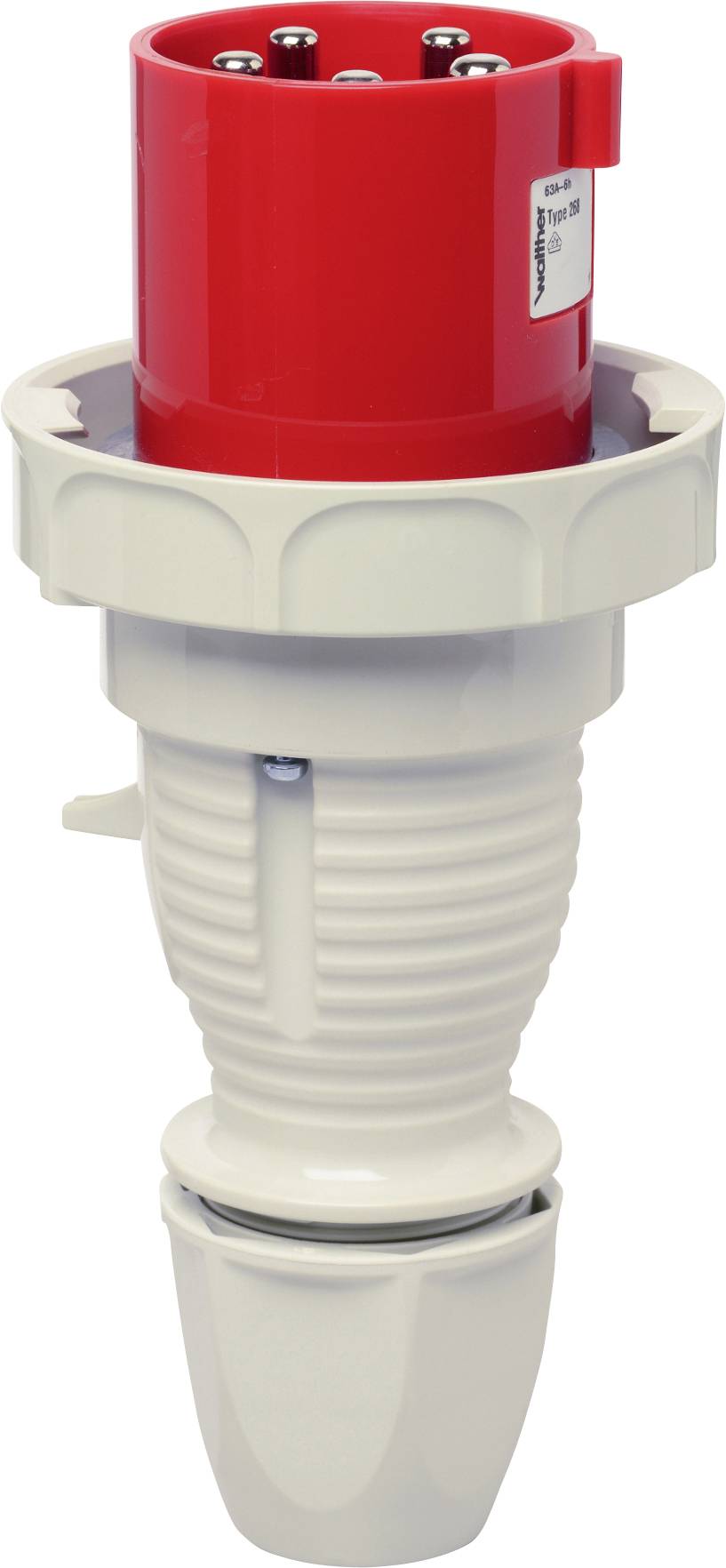 Egy piros, hengeres ipari csatlakozó szürke fogantyúval nagyteljesítményű alkalmazásokhoz, oldalán egy címke a műszaki specifikációval.